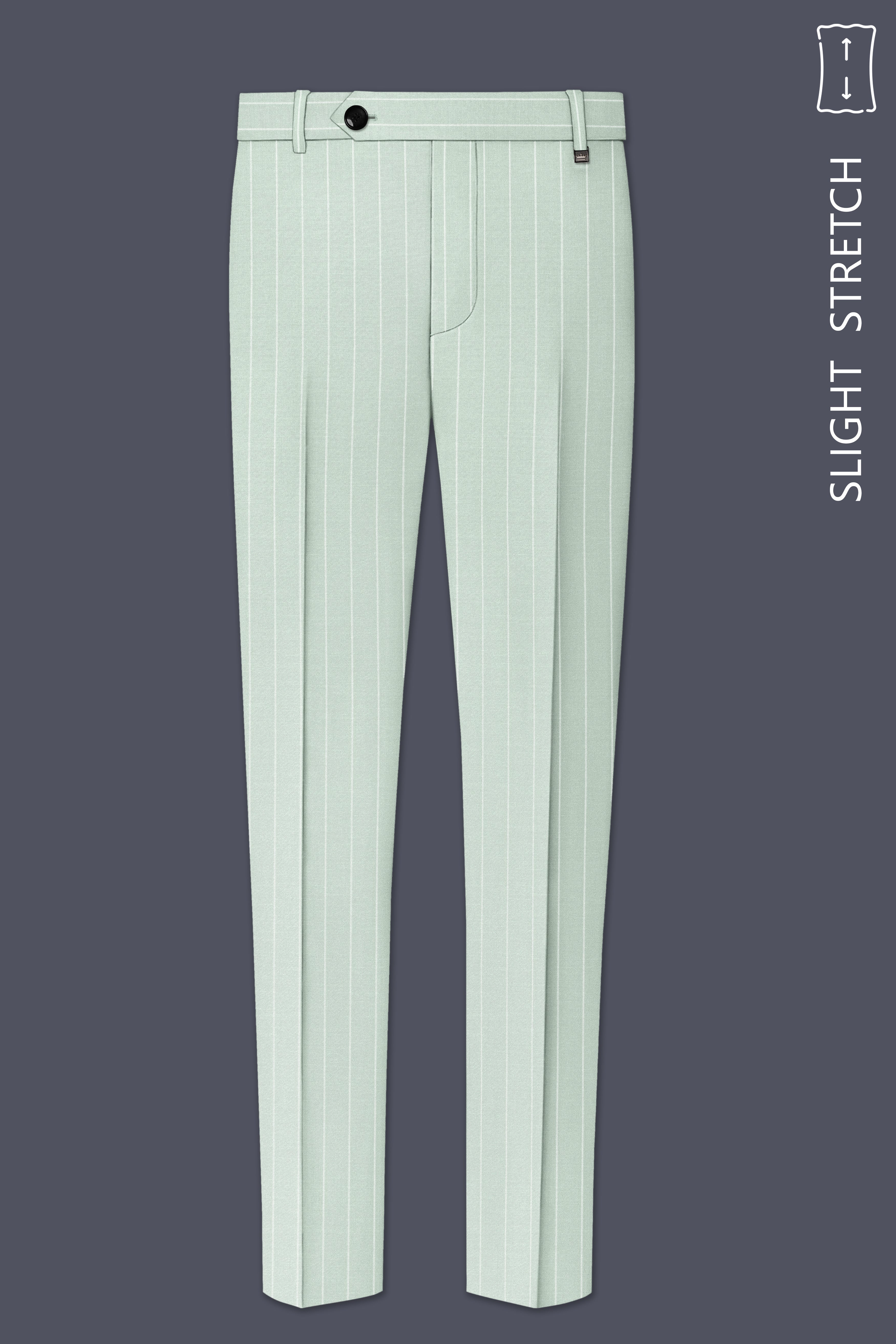 Halcyon-Pale Leaf Green And Bright White Chalk Striped Wool Rich Slight Stretch Single Breasted Suit