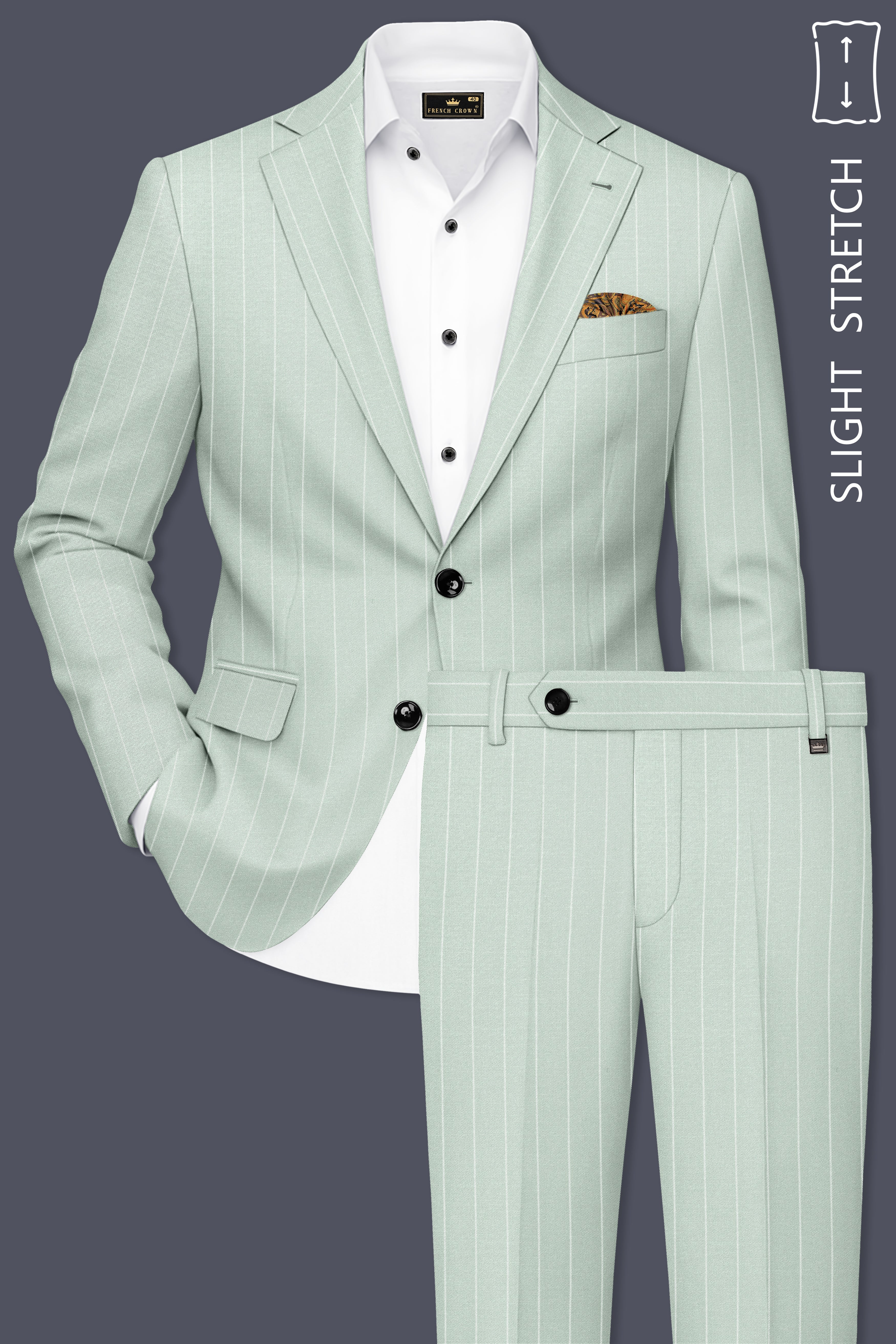 Halcyon-Pale Leaf Green And Bright White Chalk Striped Wool Rich Slight Stretch Single Breasted Suit