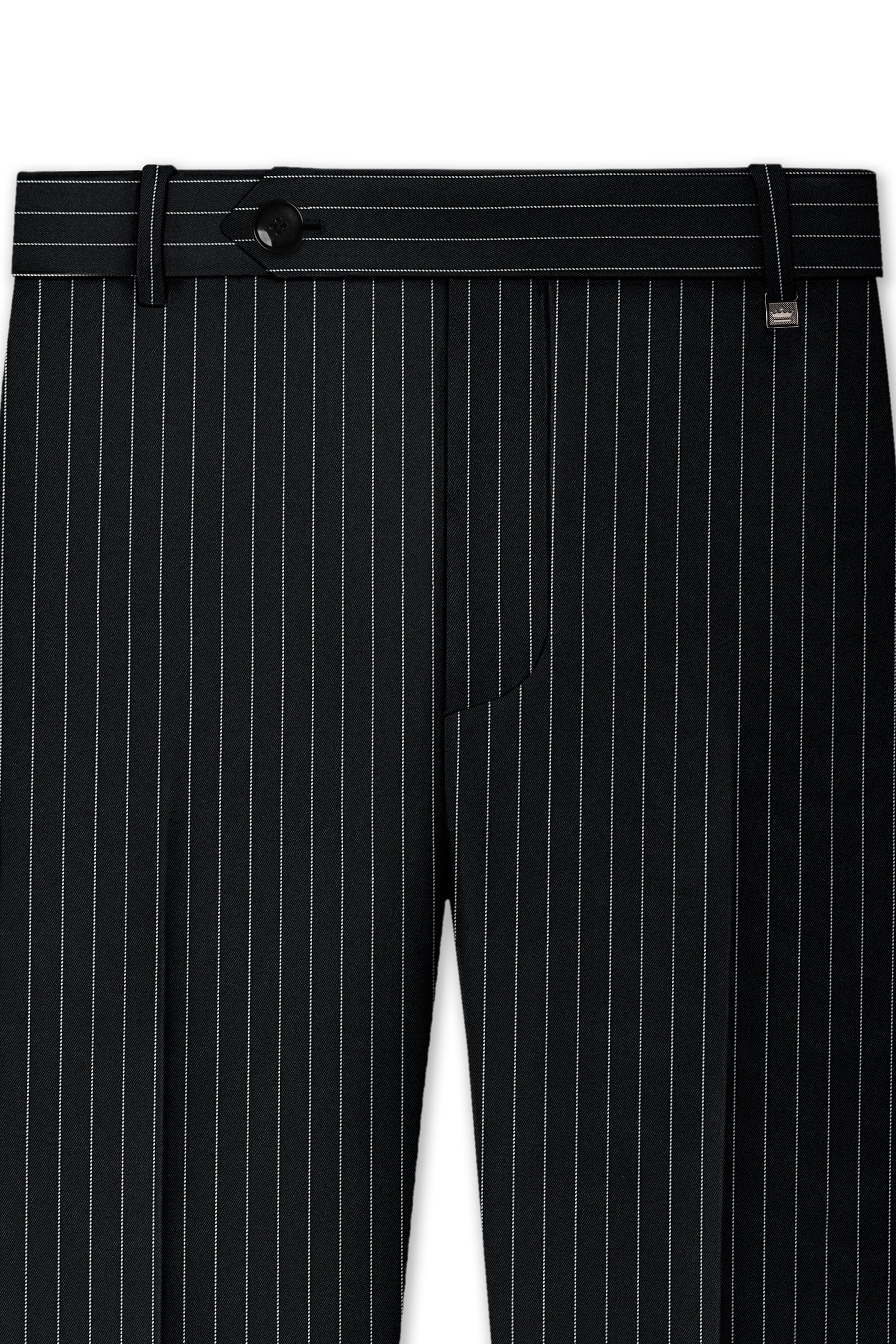 Strivon-Jade Black And Bright White Chalk Striped Wool Rich Slight Stretch Double Breasted Suit