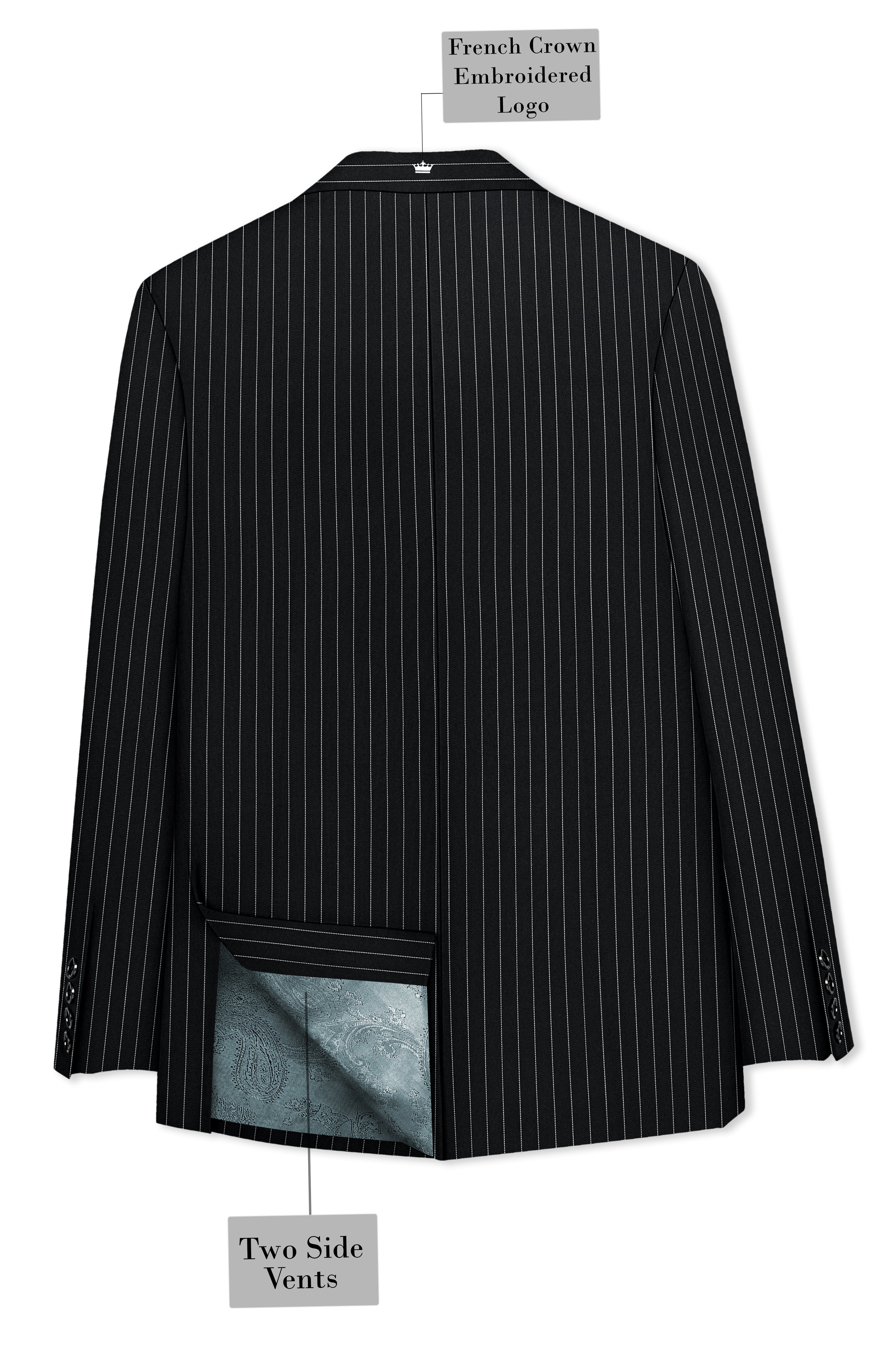 Strivon-Jade Black And Bright White Chalk Striped Wool Rich Slight Stretch Double Breasted Suit