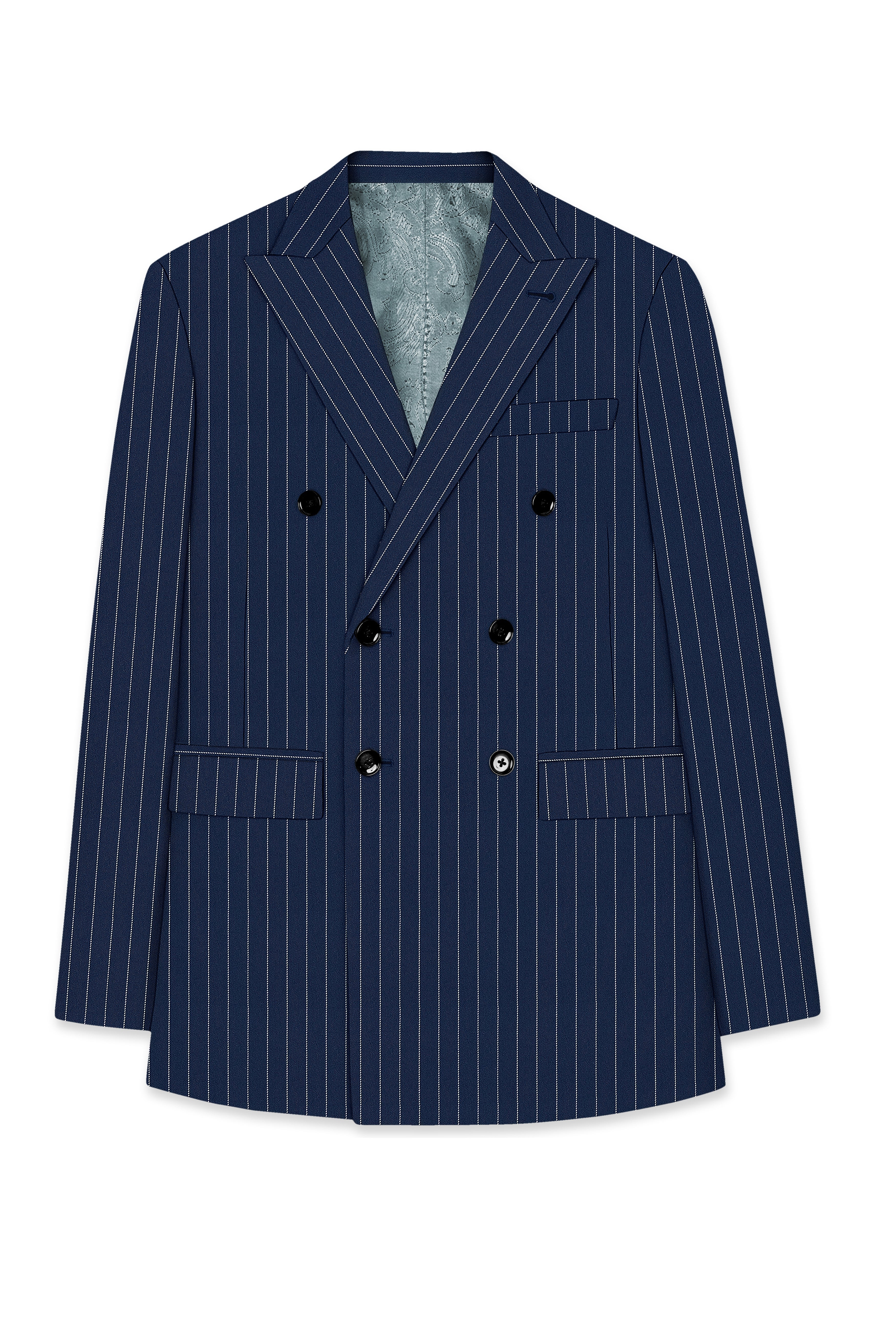 Veritus-Zodiac Blue And Bright White Chalk Striped Wool Rich Slight Stretch Double Breasted Suit