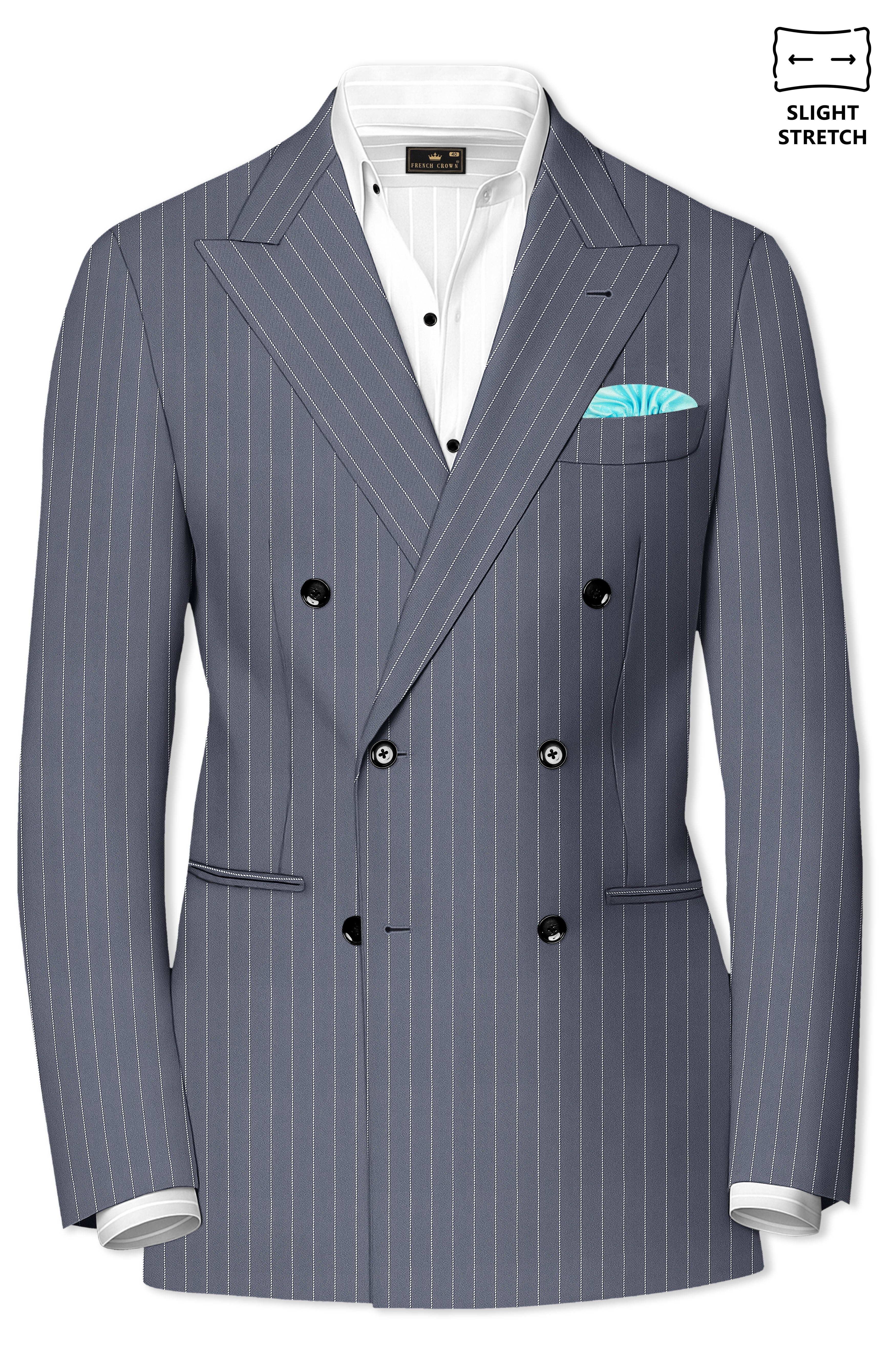 Monarch-Shark Gray And Bright White Chalk Striped Wool Rich Slight Stretch Double Breasted Suit