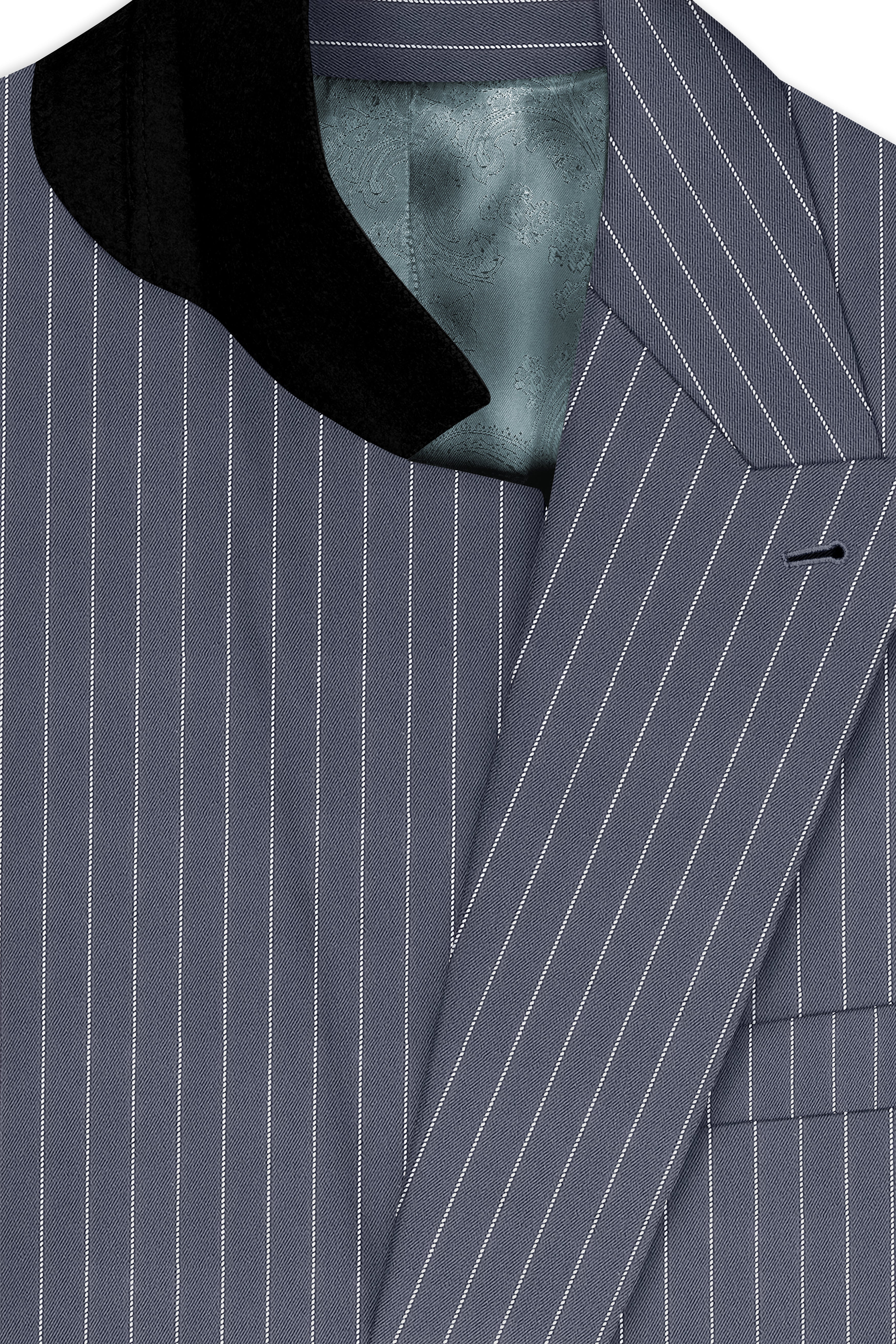 Monarch-Shark Gray And Bright White Chalk Striped Wool Rich Slight Stretch Double Breasted Suit