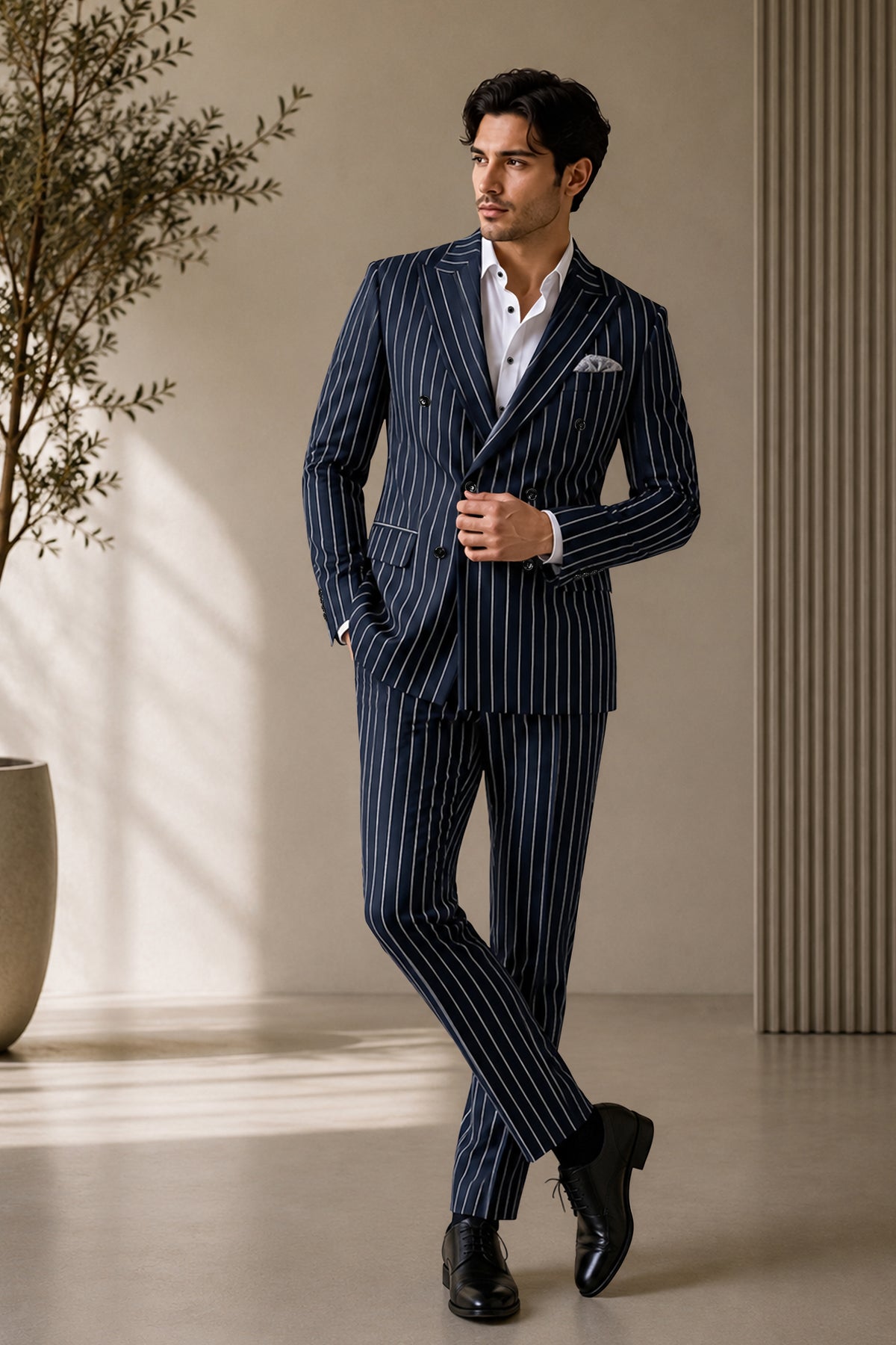 Echelon-Vulcan Blue Herringbone Striped Wool Rich Slight Stretch Double Breasted Suit