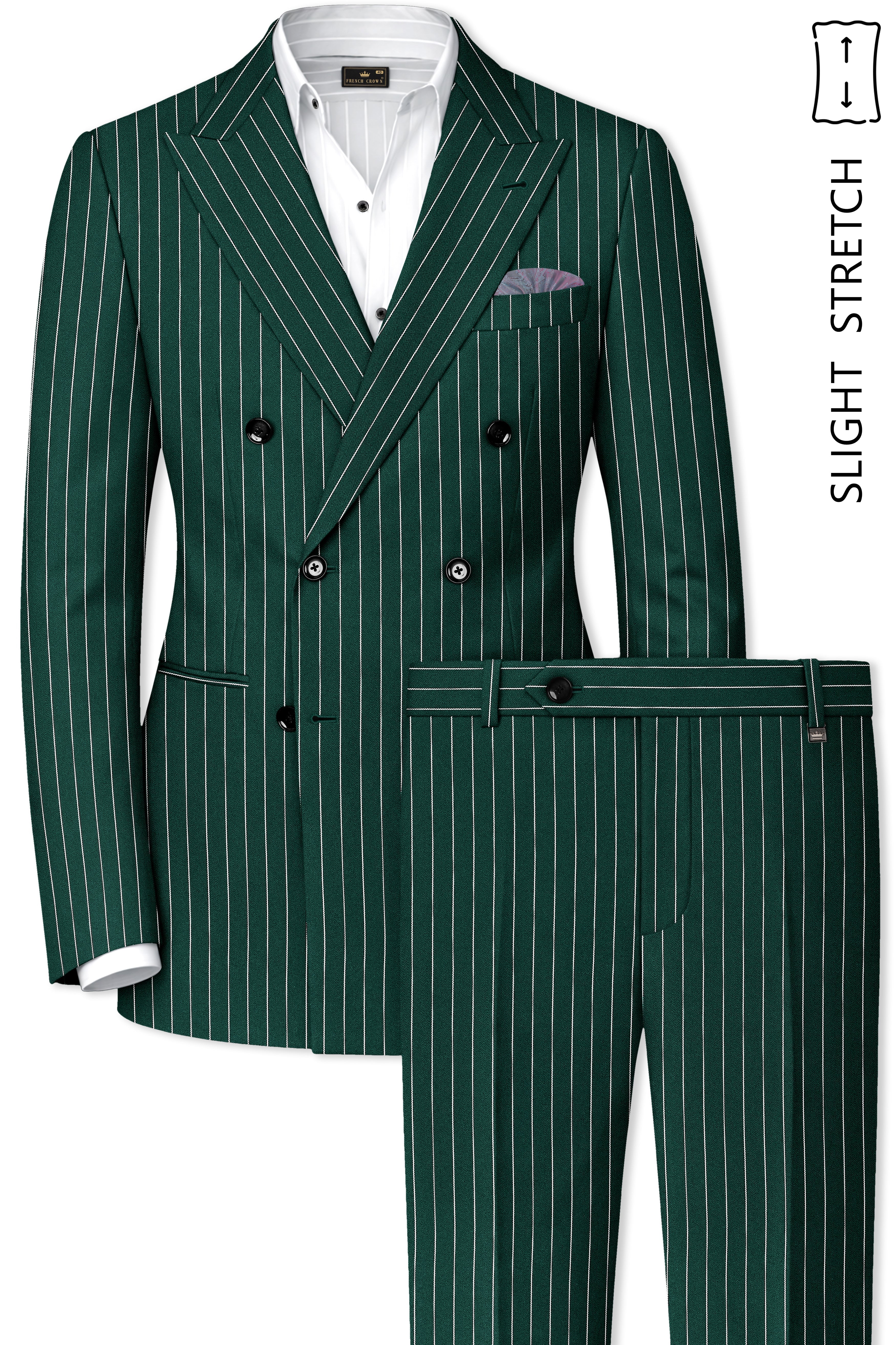 Arbor-Timber Green Herringbone Striped Wool Rich Slight Stretch Double Breasted Suit
