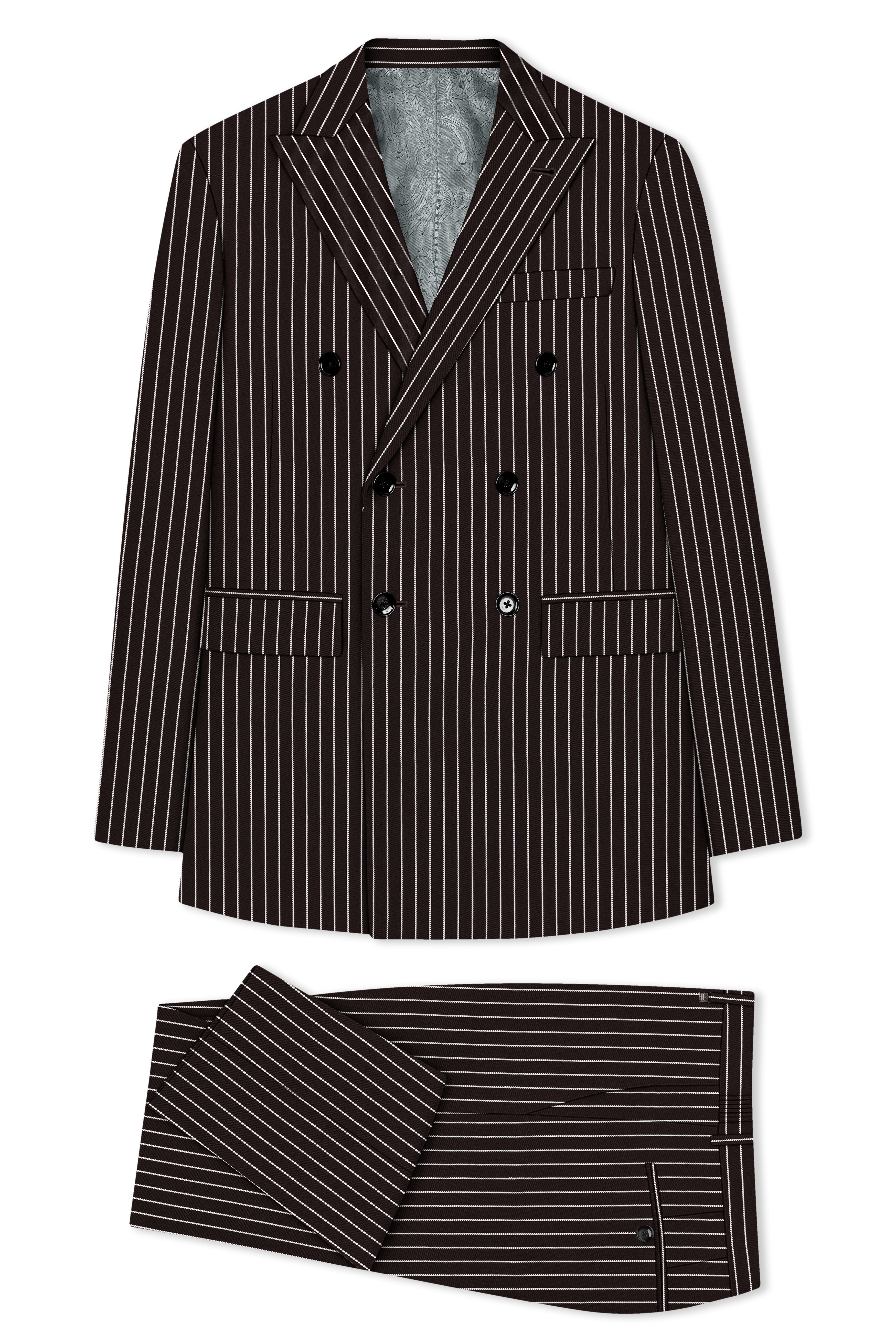 Bastion-Gondola Brown And Bright White Chalk Striped Wool Rich Slight Stretch Double Breasted Suit