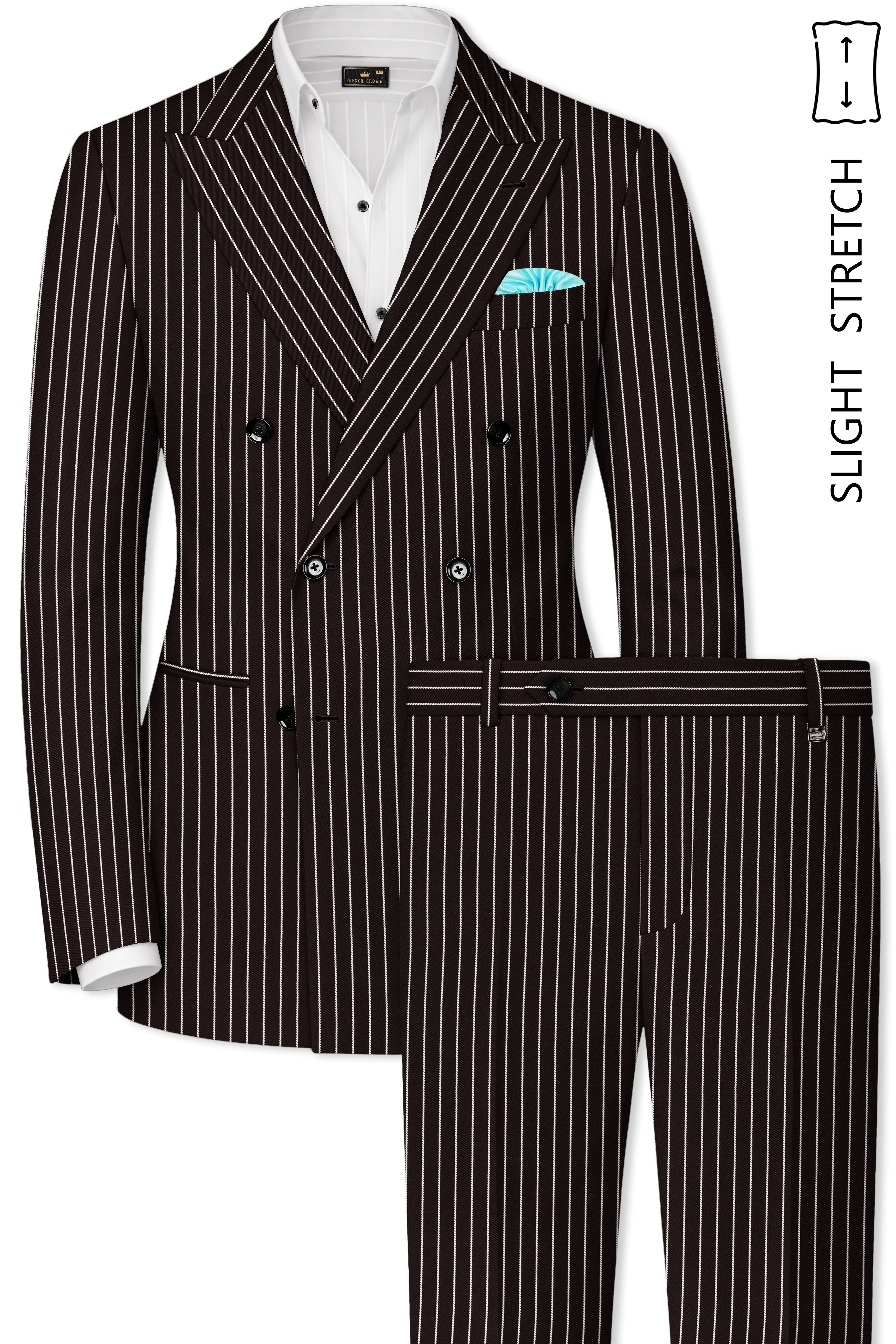 Bastion-Gondola Brown And Bright White Chalk Striped Wool Rich Slight Stretch Double Breasted Suit