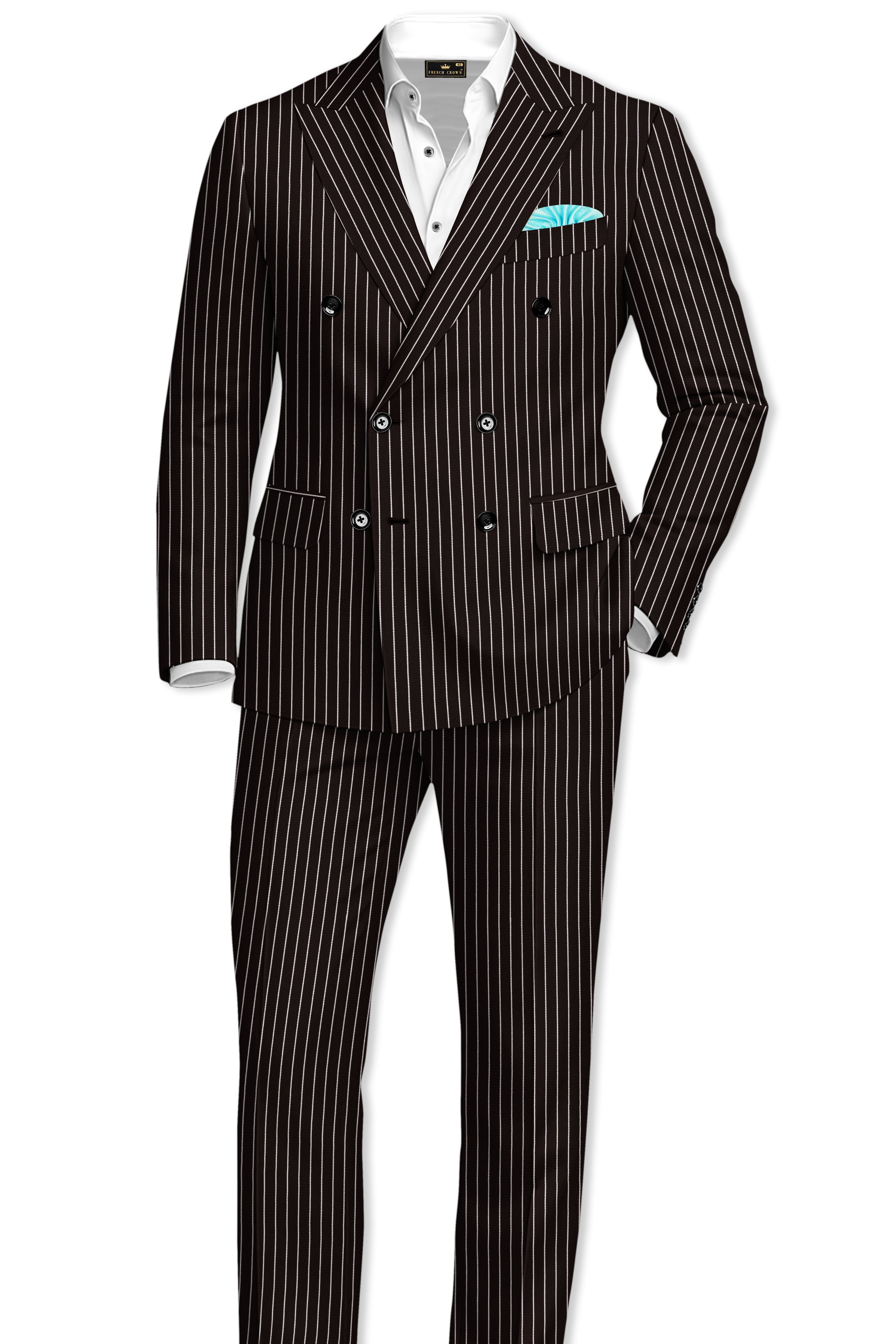 Bastion-Gondola Brown And Bright White Chalk Striped Wool Rich Slight Stretch Double Breasted Suit