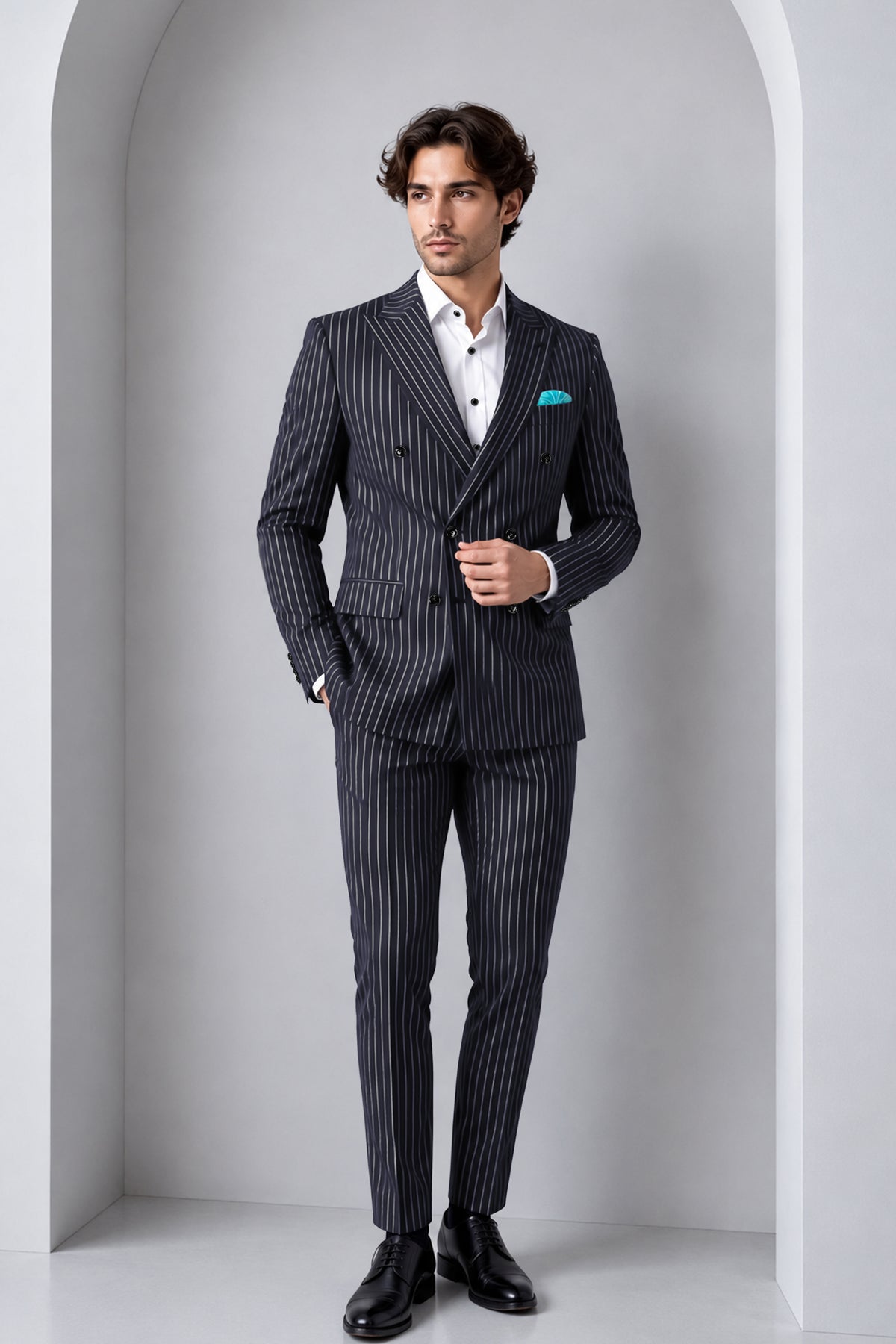 Maris-Baltic Sea Blue And Bright White Chalk Striped Wool Rich Slight Stretch Double Breasted Suit