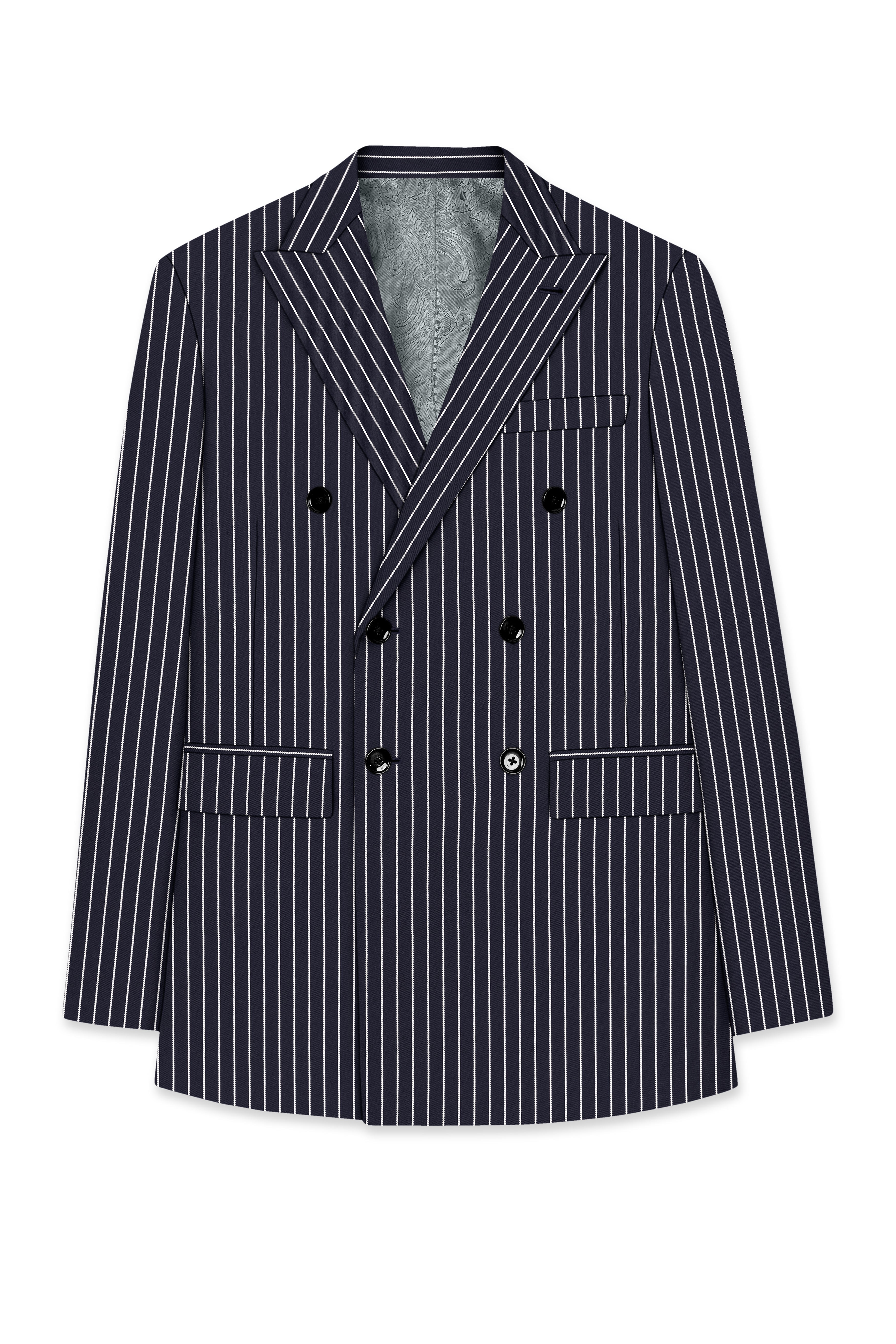 Maris-Baltic Sea Blue And Bright White Chalk Striped Wool Rich Slight Stretch Double Breasted Suit
