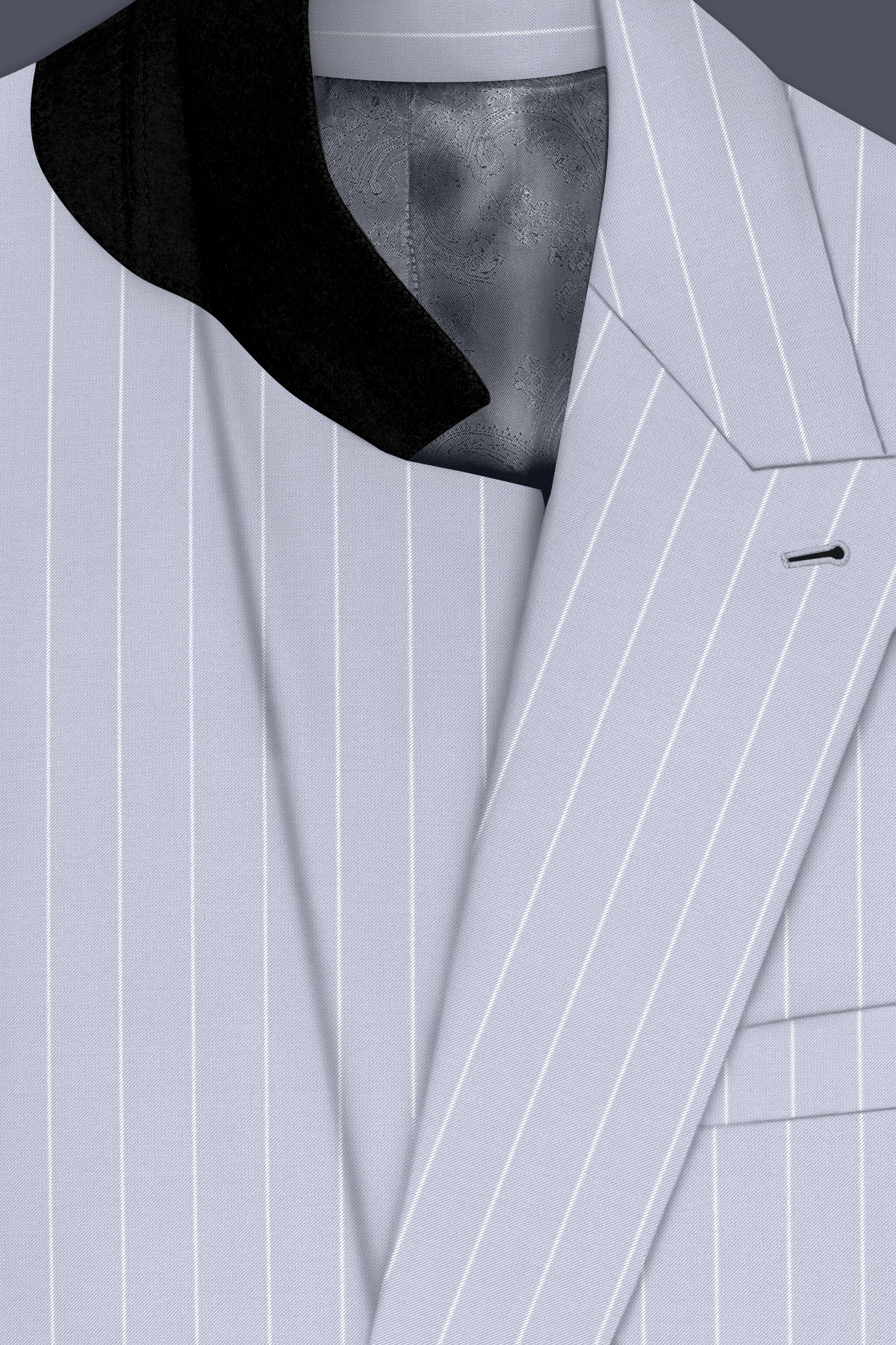 Axiom-Loblolly Gray And Bright White Chalk Striped Wool Rich Slight Stretch Double Breasted Suit