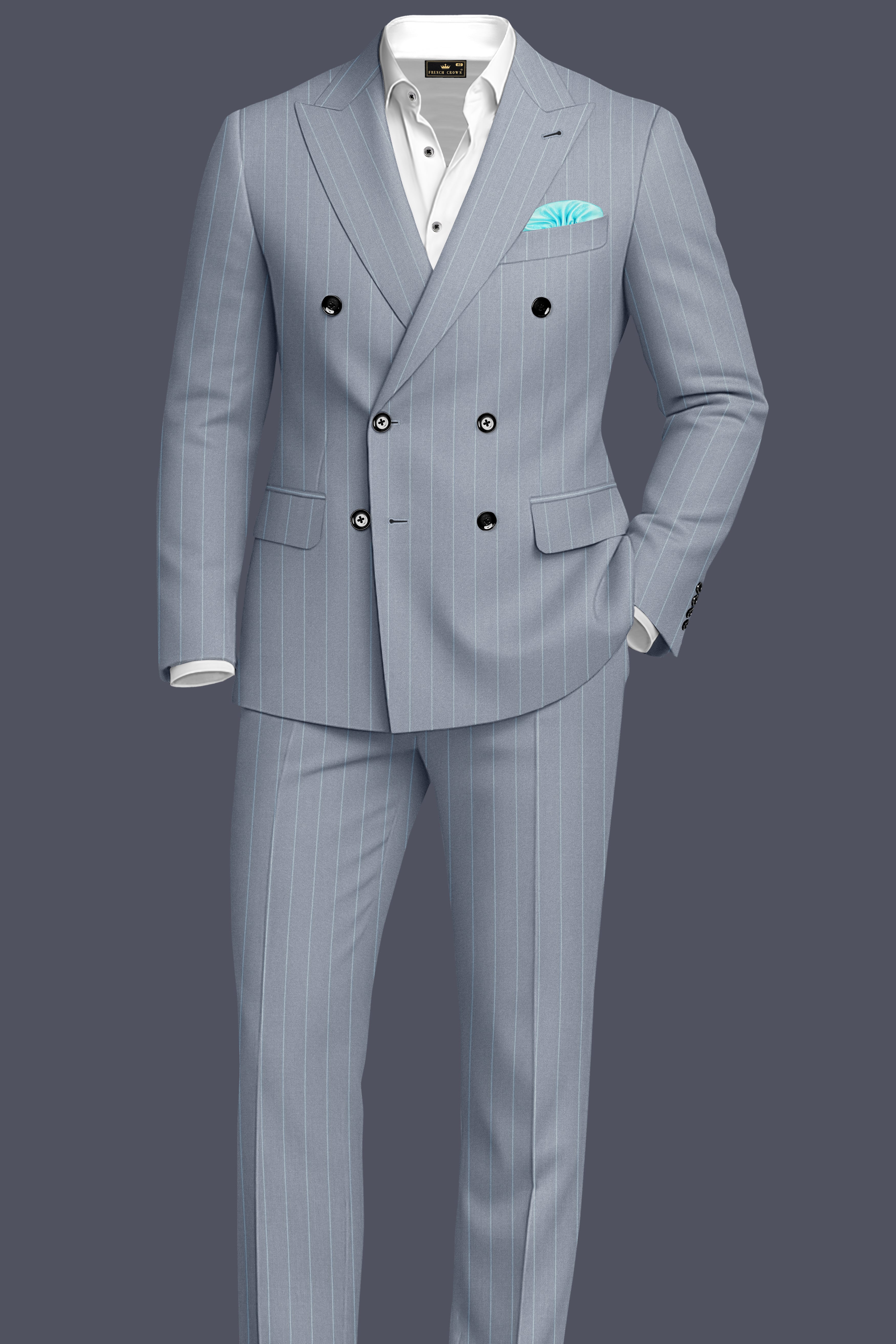 Prestige-Regent Gray And Bright White Chalk Striped Wool Rich Slight Stretch Double Breasted Suit