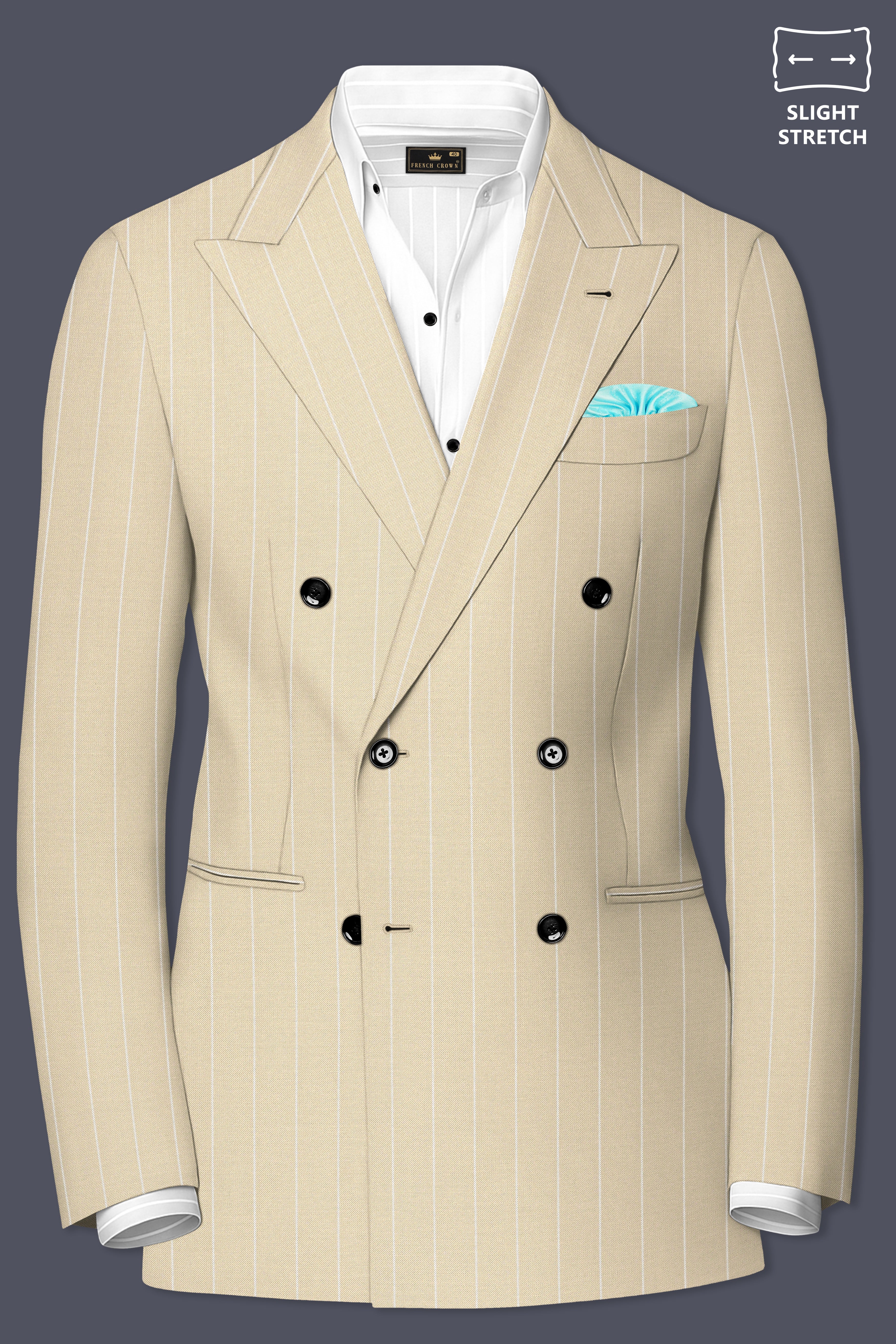 Lumier-Akaroa Cream And Bright White Chalk Striped Wool Rich Slight Stretch Double Breasted Suit