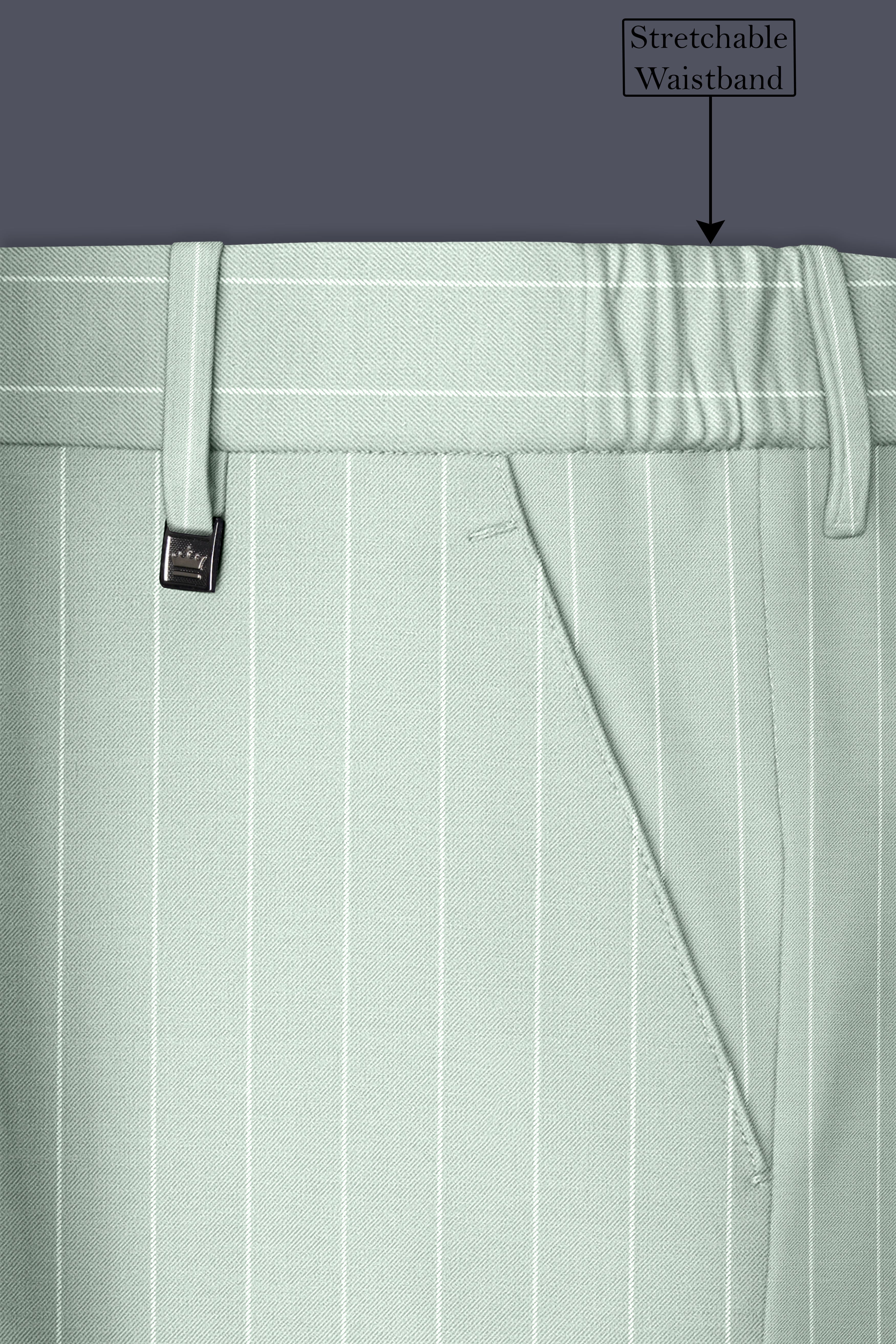 Halcyon-Pale Leaf Green And Bright White Chalk Striped Wool Rich Slight Stretch Double Breasted Suit