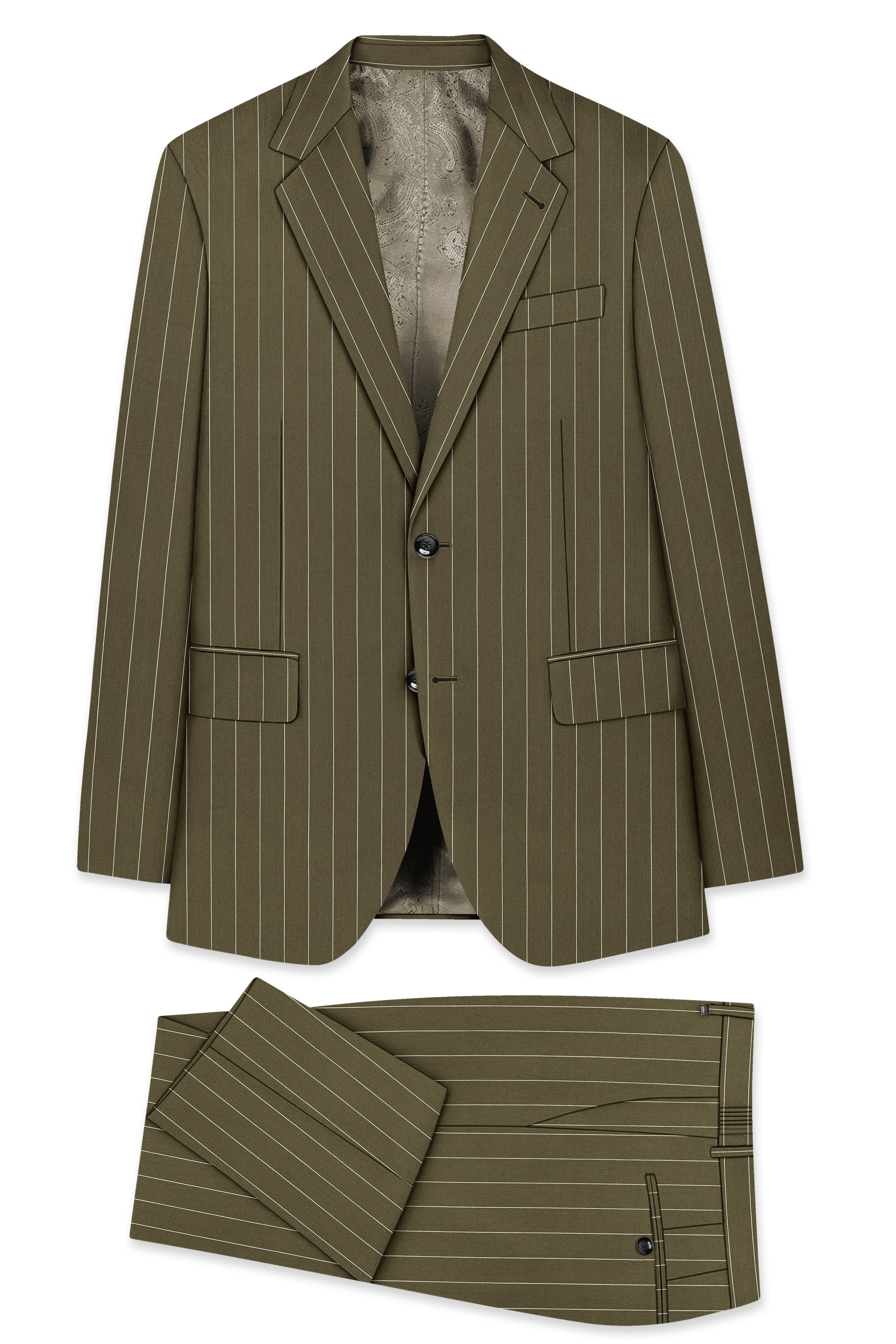 Pinacle-Hamlock Brown And Bright White Chalk Striped Wool Rich Slight Stretch Single Breasted Suit