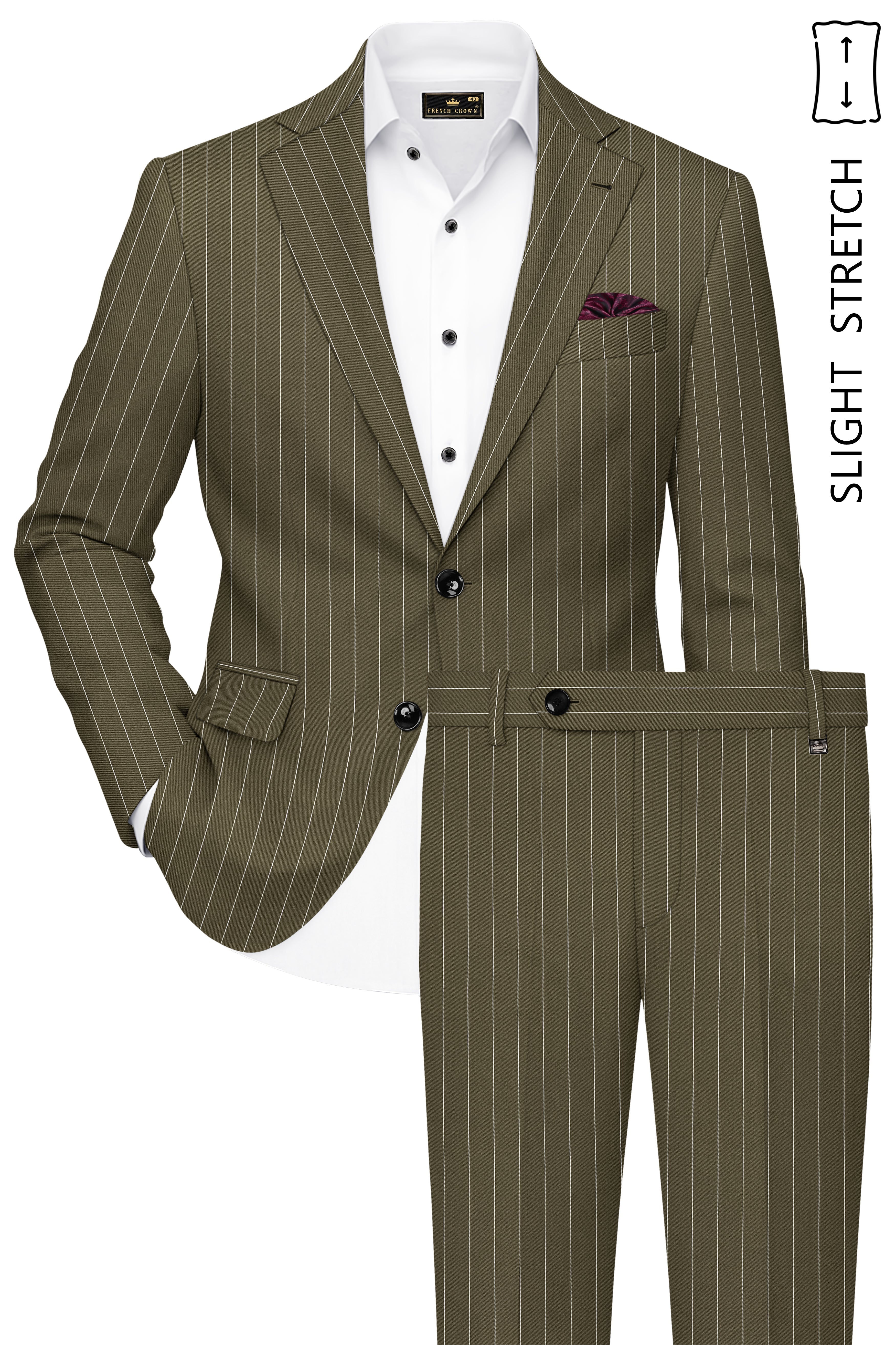 Pinacle-Hamlock Brown And Bright White Chalk Striped Wool Rich Slight Stretch Single Breasted Suit