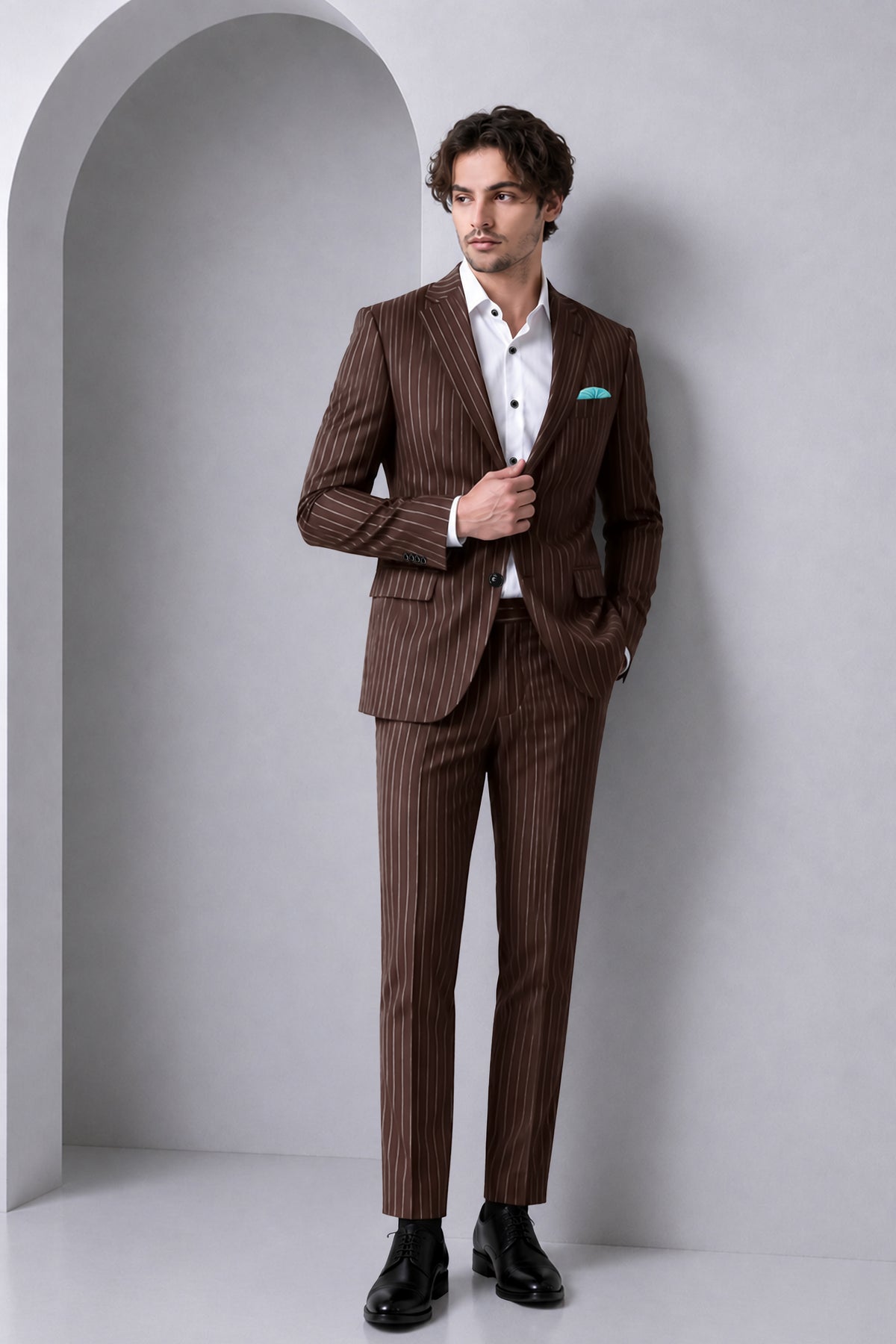 Bristol-Bistre Brown And Bright White Chalk Striped Wool Rich Slight Stretch Single Breasted Suit