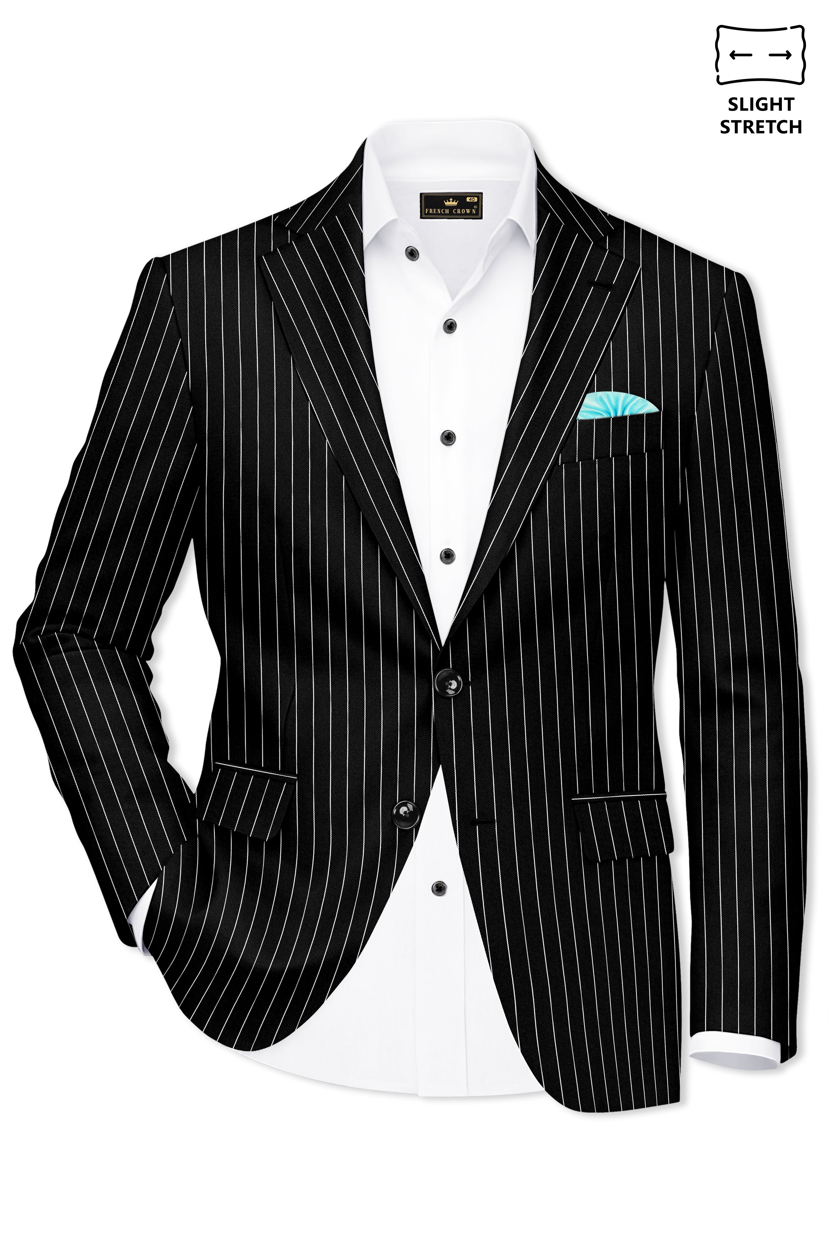 Noir-Jade Black Herringbone Striped Wool Rich Slight Stretch Single Breasted Suit