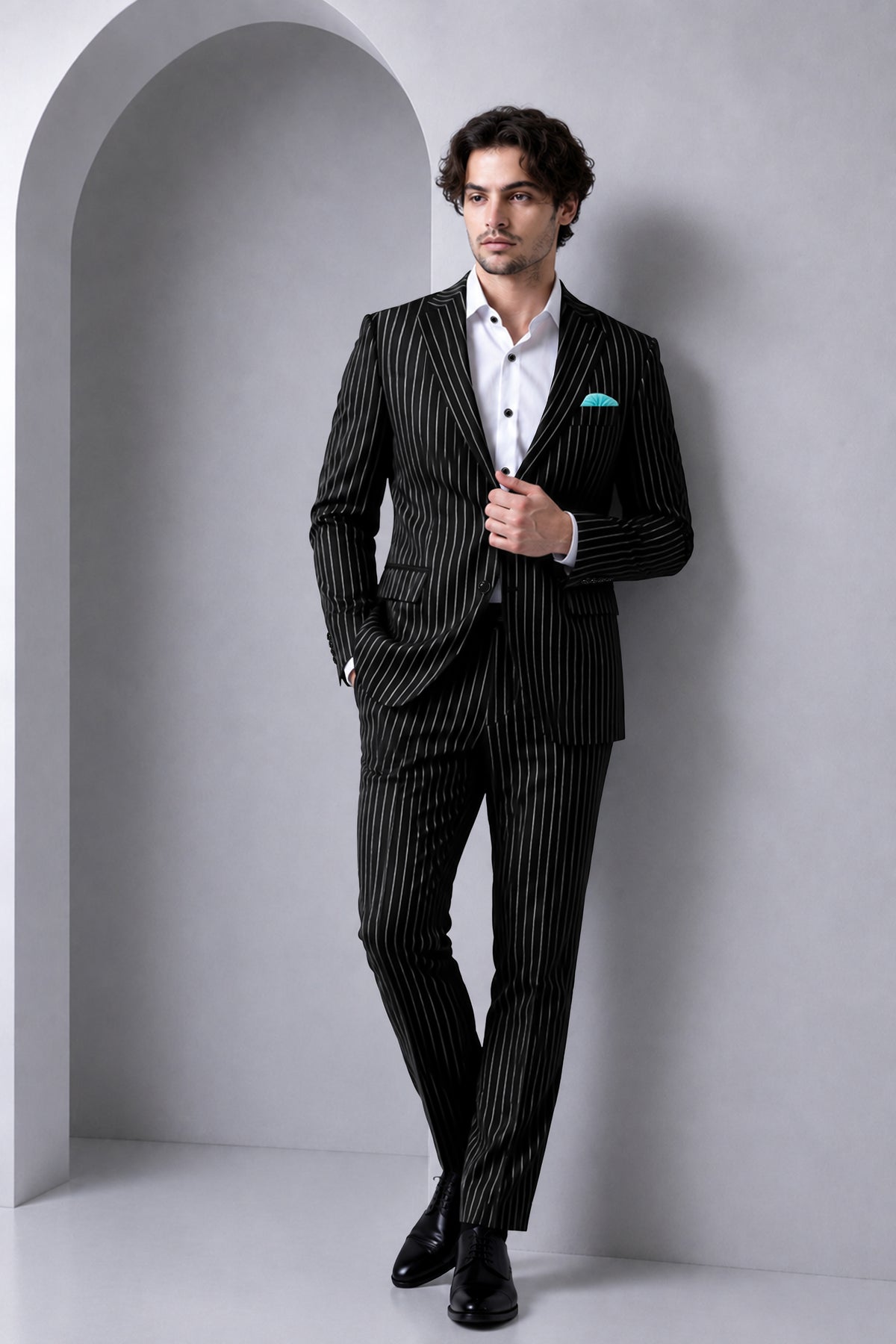 Noir-Jade Black Herringbone Striped Wool Rich Slight Stretch Single Breasted Suit