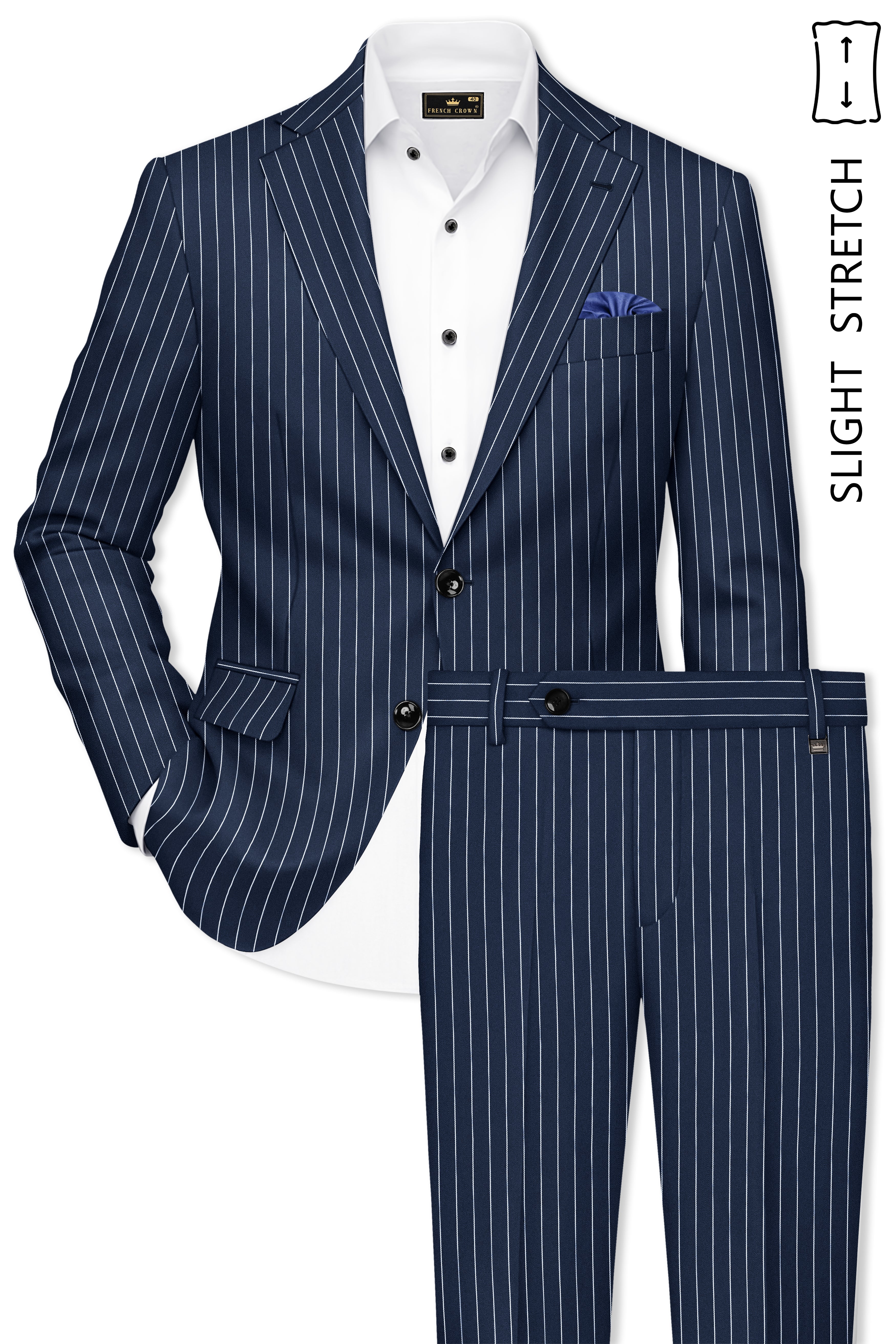 Astris-Space Blue Herringbone Striped Wool Rich Slight Stretch Single Breasted Suit