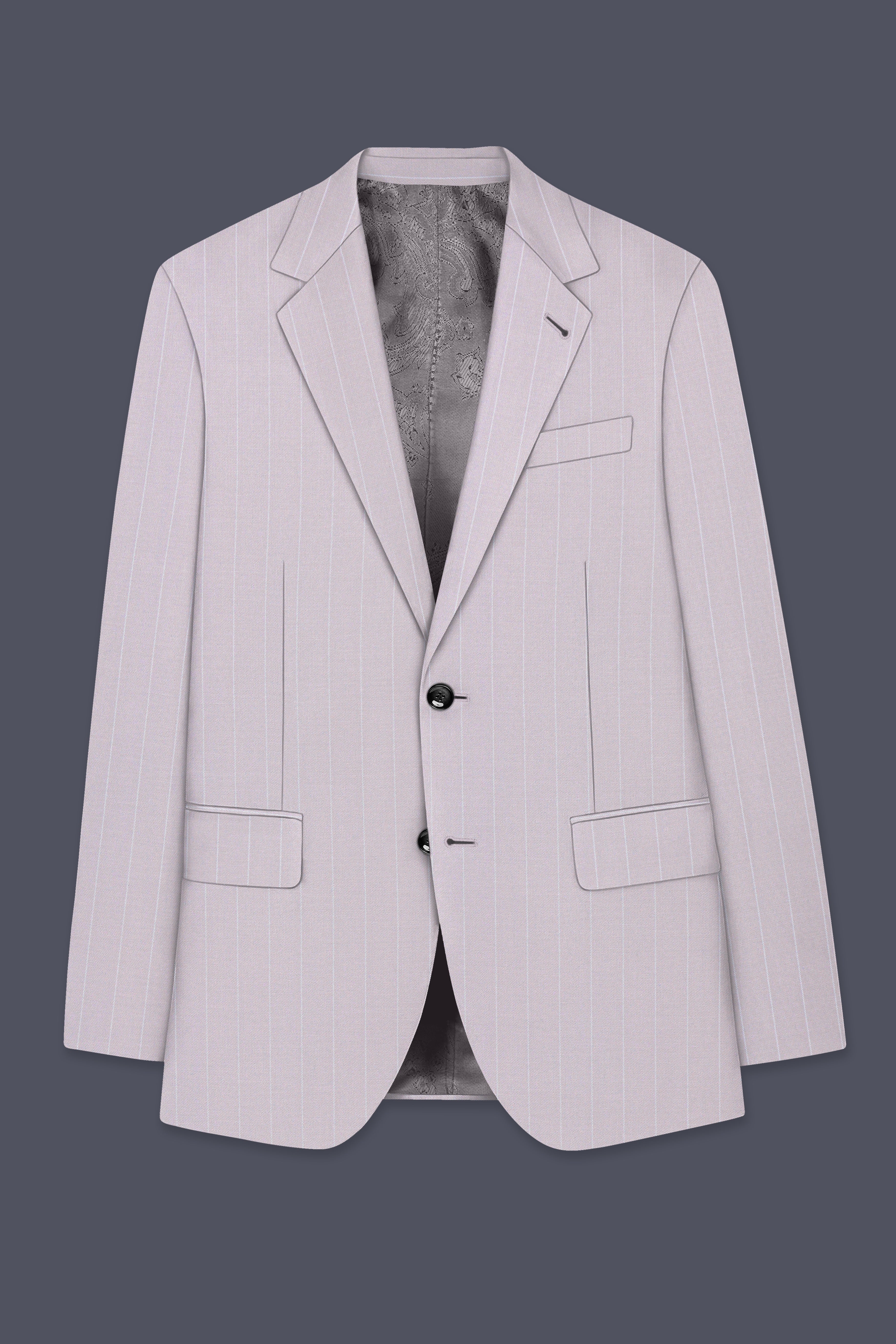 Roselle-Thistle Pink And Bright White Chalk Striped Wool Rich Slight Stretch Single Breasted Suit