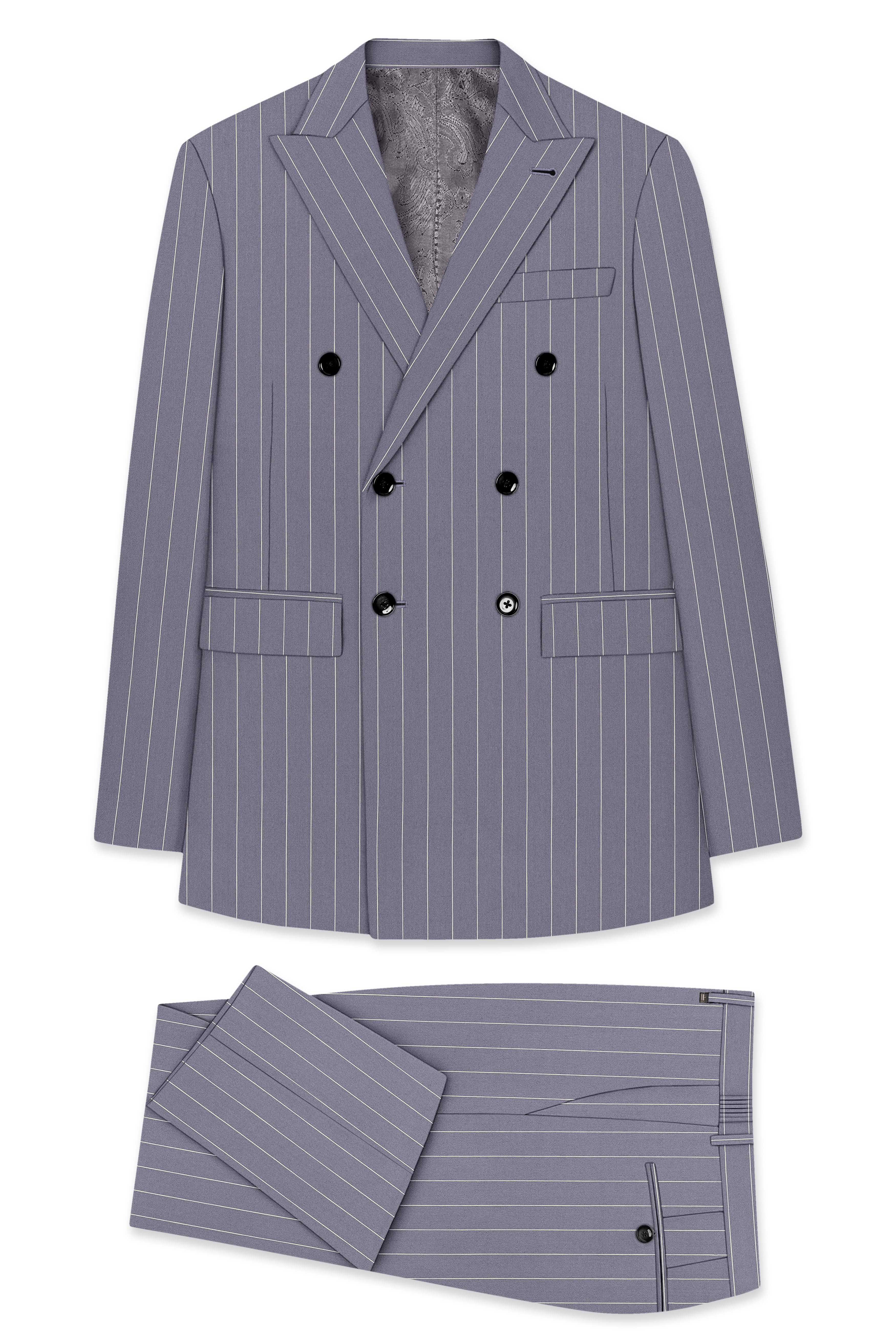 Regent-Mobster Gray And Bright White Chalk Striped Wool Rich Slight Stretch Double Breasted Suit