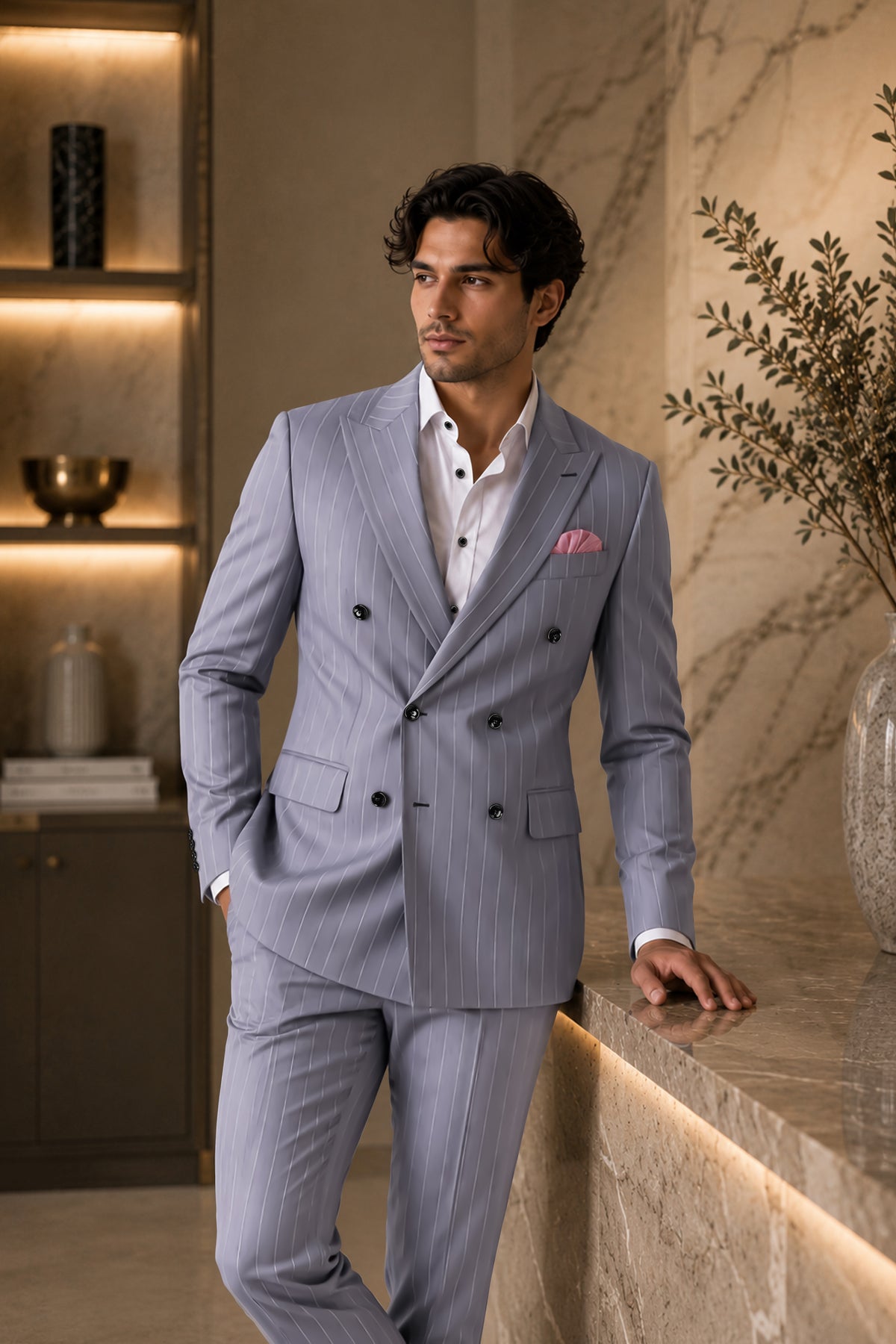 Regent-Mobster Gray And Bright White Chalk Striped Wool Rich Slight Stretch Double Breasted Suit