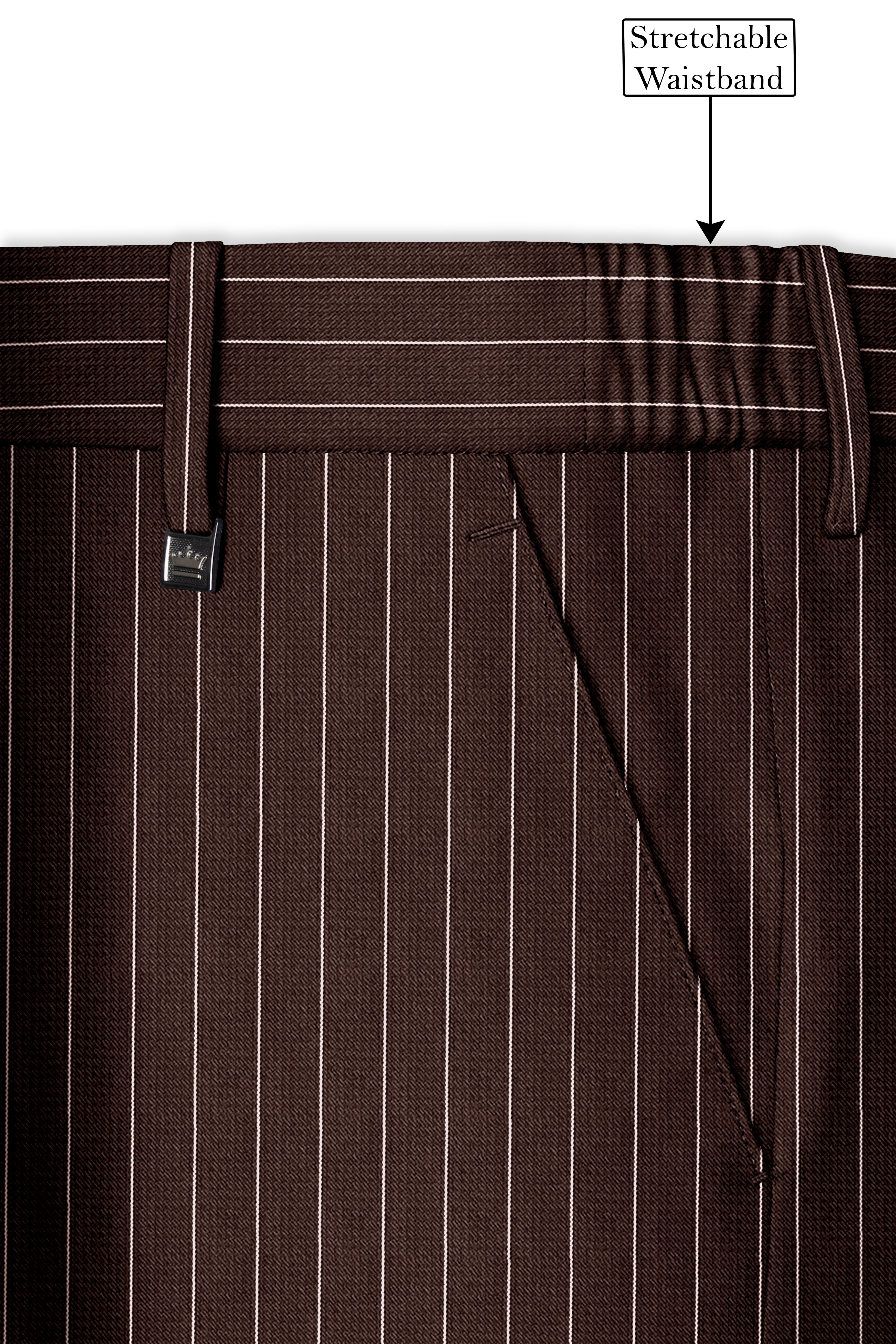 Bristol-Bistre Brown And Bright White Chalk Striped Wool Rich Slight Stretch Double Breasted Suit