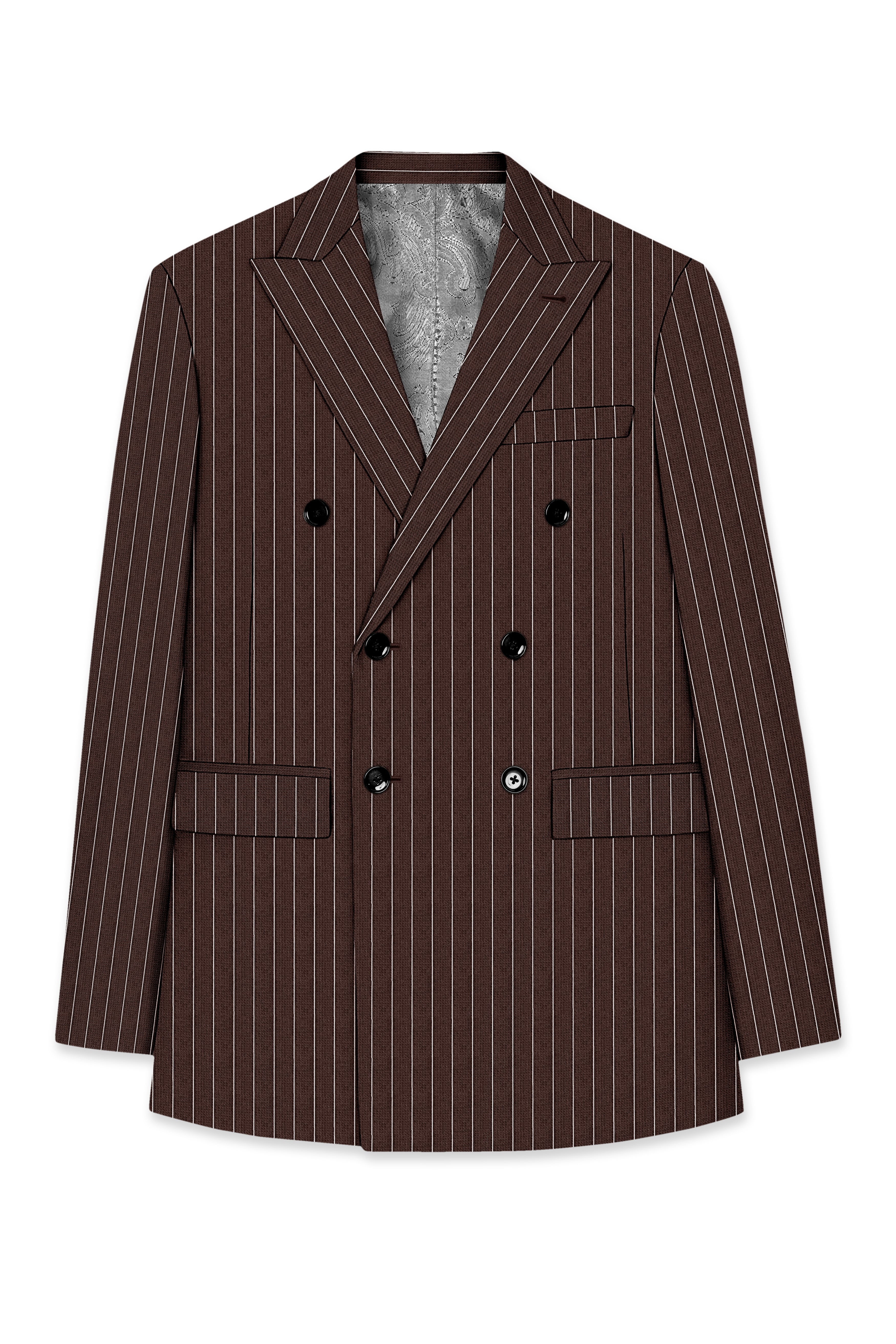 Bristol-Bistre Brown And Bright White Chalk Striped Wool Rich Slight Stretch Double Breasted Suit