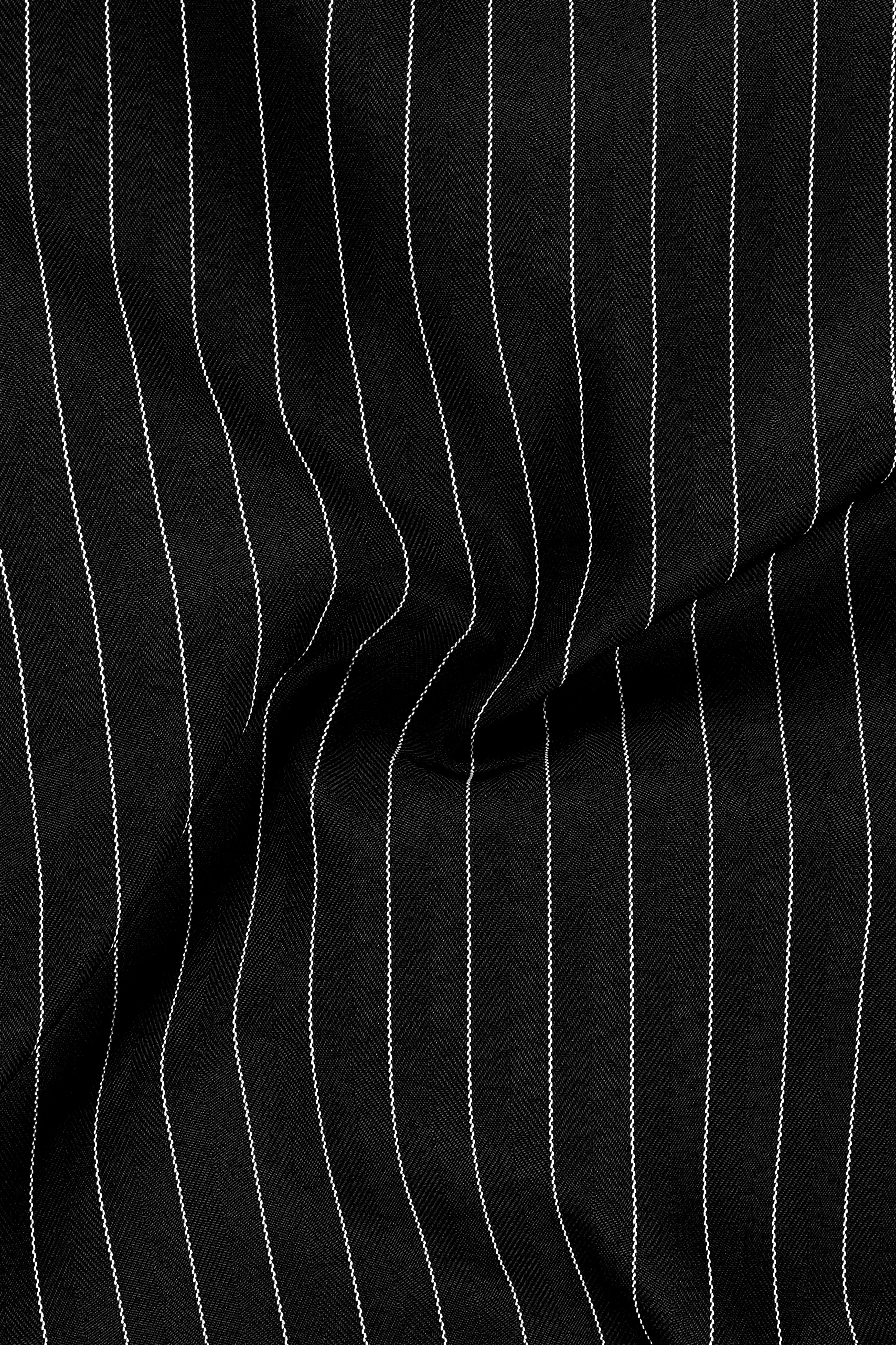 Noir-Jade Black Herringbone Striped Wool Rich Slight Stretch Double Breasted Suit