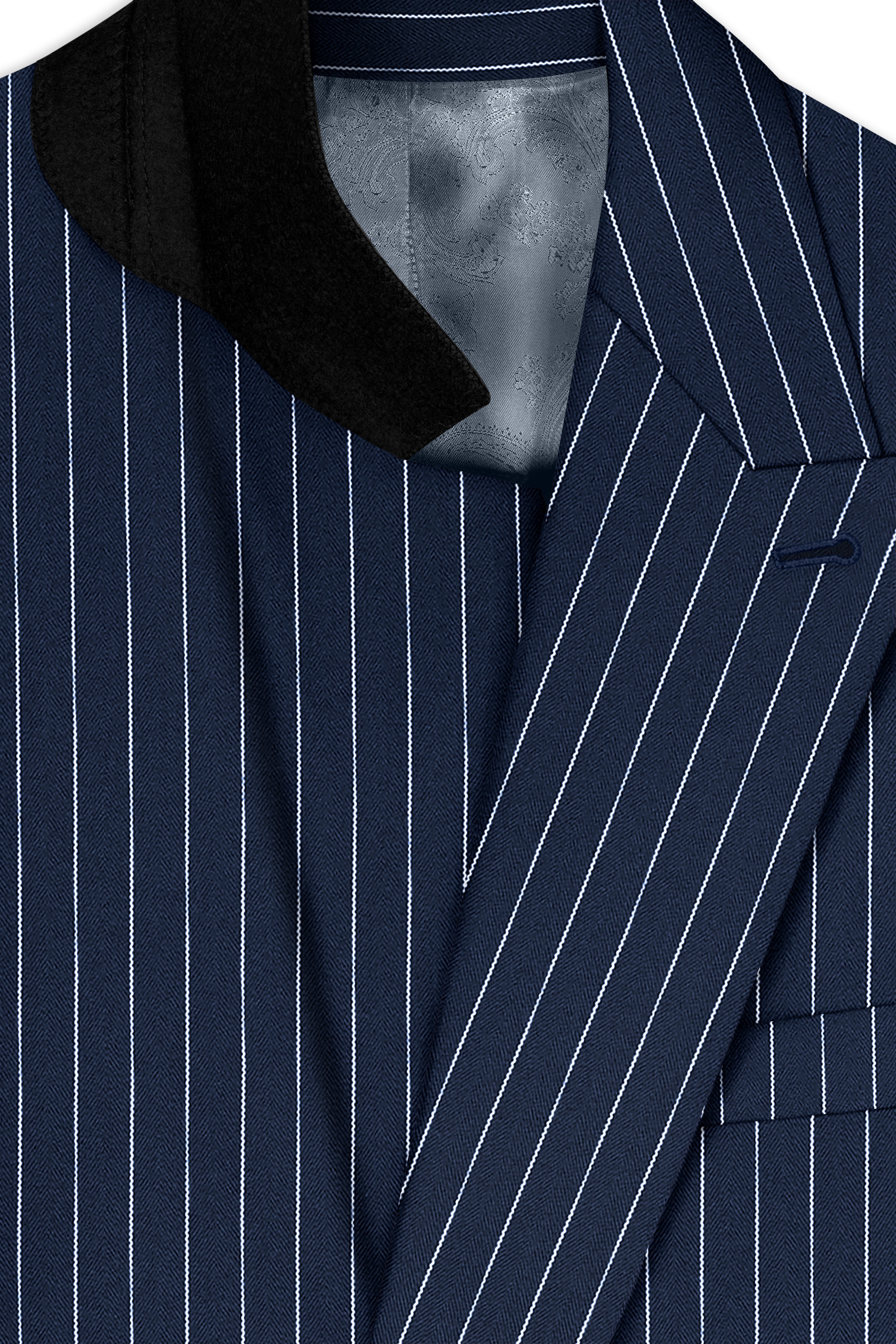 Astris-Space Blue Herringbone Striped Wool Rich Slight Stretch Double Breasted Suit