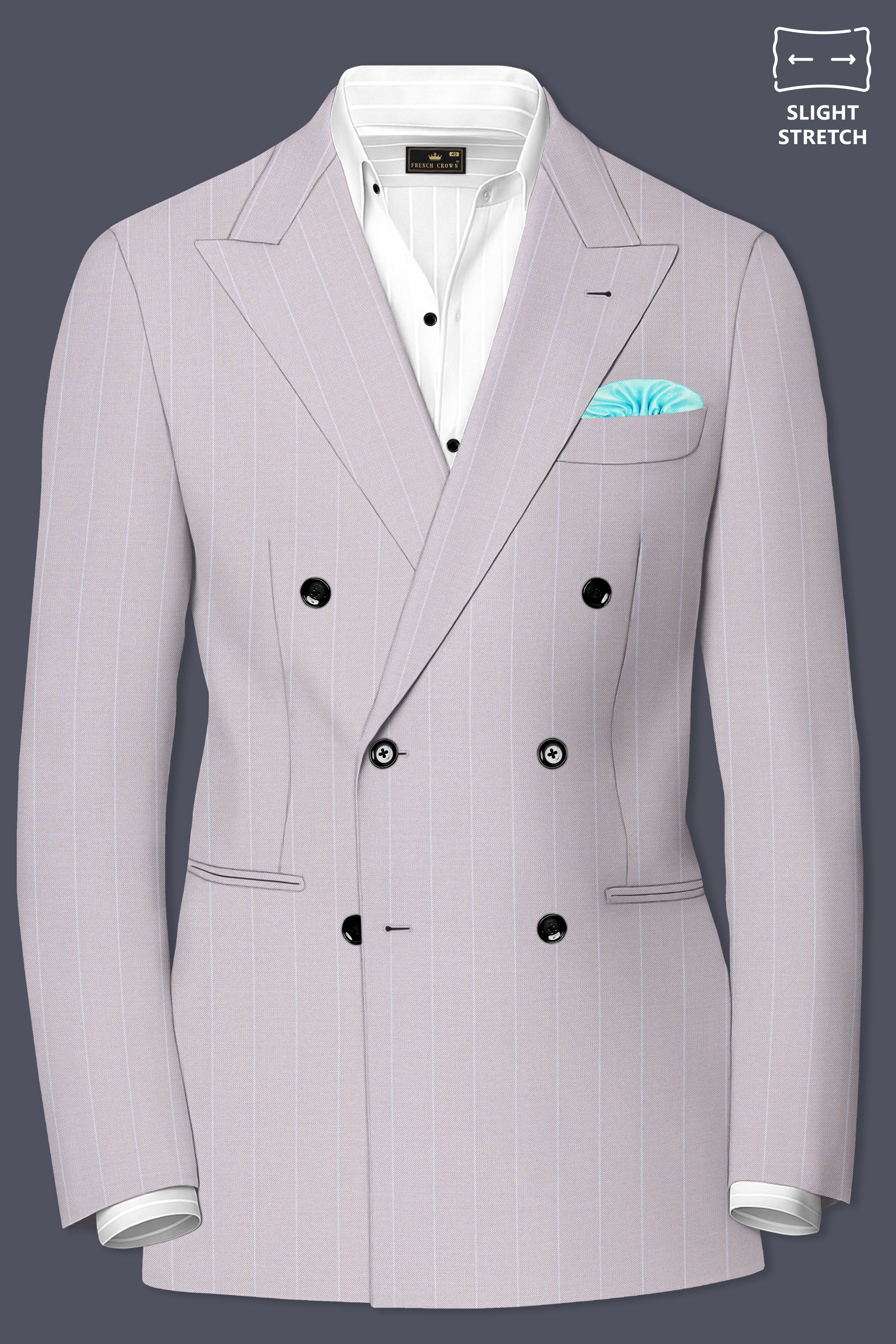Roselle-Thistle Pink And Bright White Chalk Striped Wool Rich Slight Stretch Double Breasted Suit