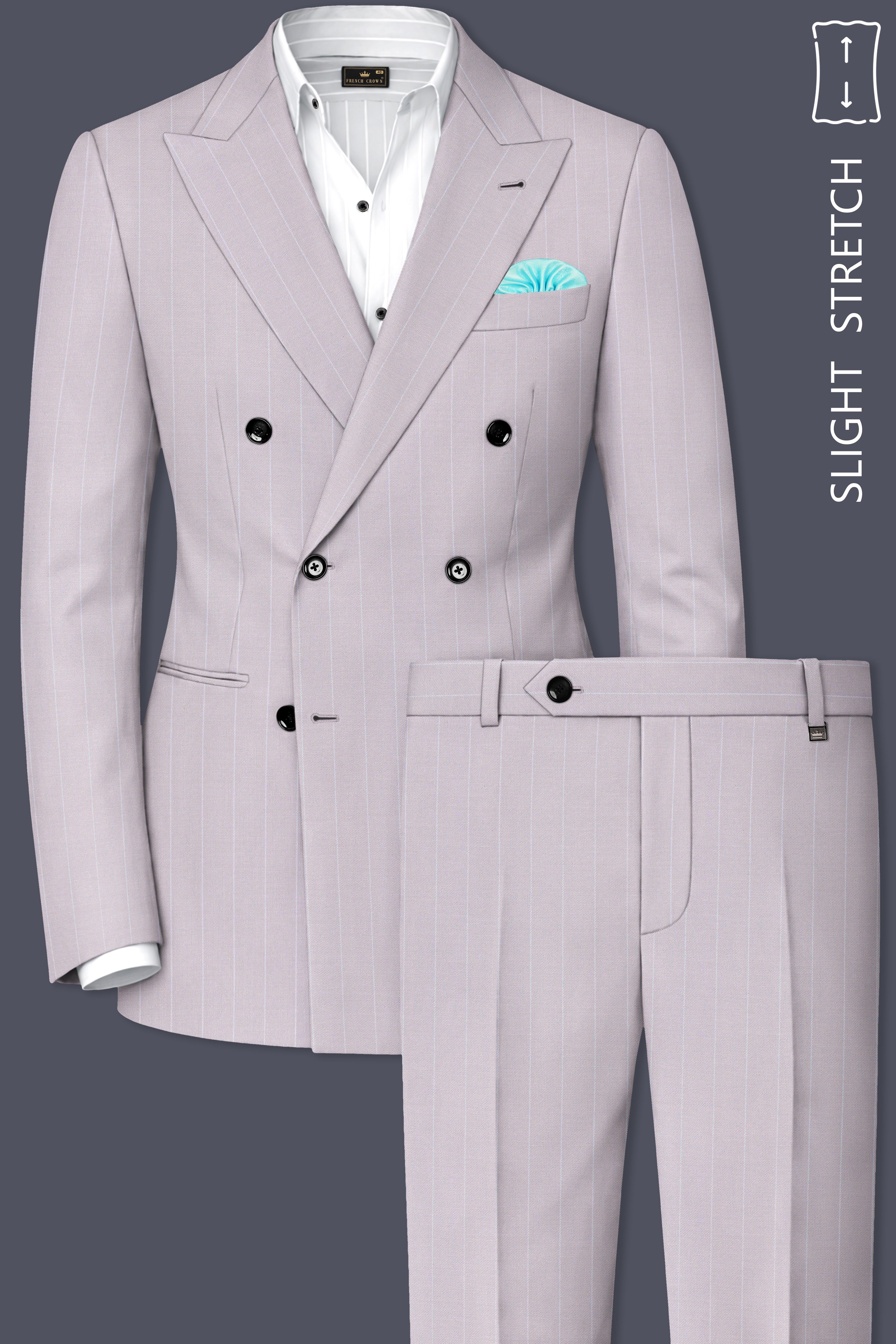 Roselle-Thistle Pink And Bright White Chalk Striped Wool Rich Slight Stretch Double Breasted Suit