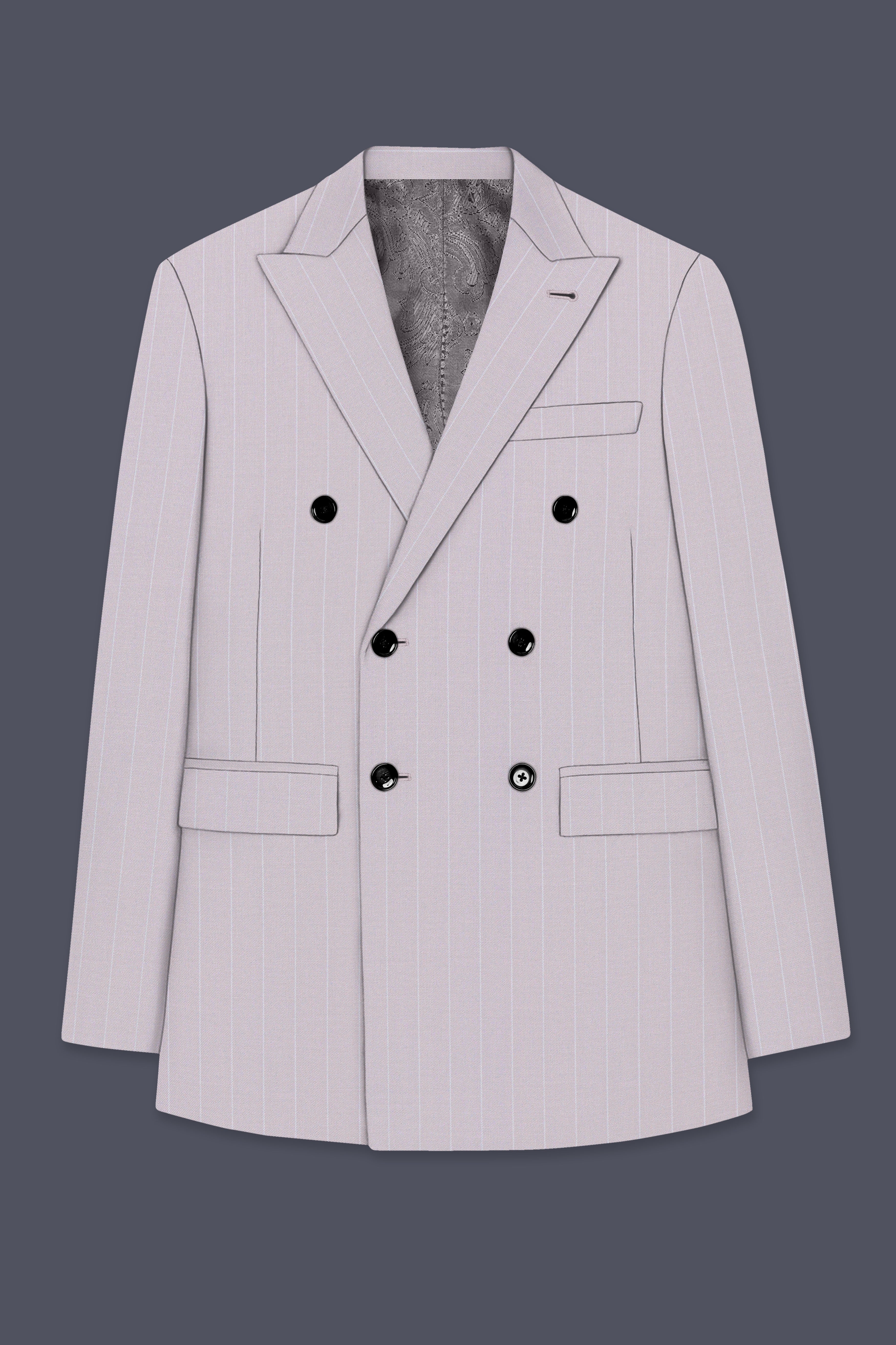 Roselle-Thistle Pink And Bright White Chalk Striped Wool Rich Slight Stretch Double Breasted Suit