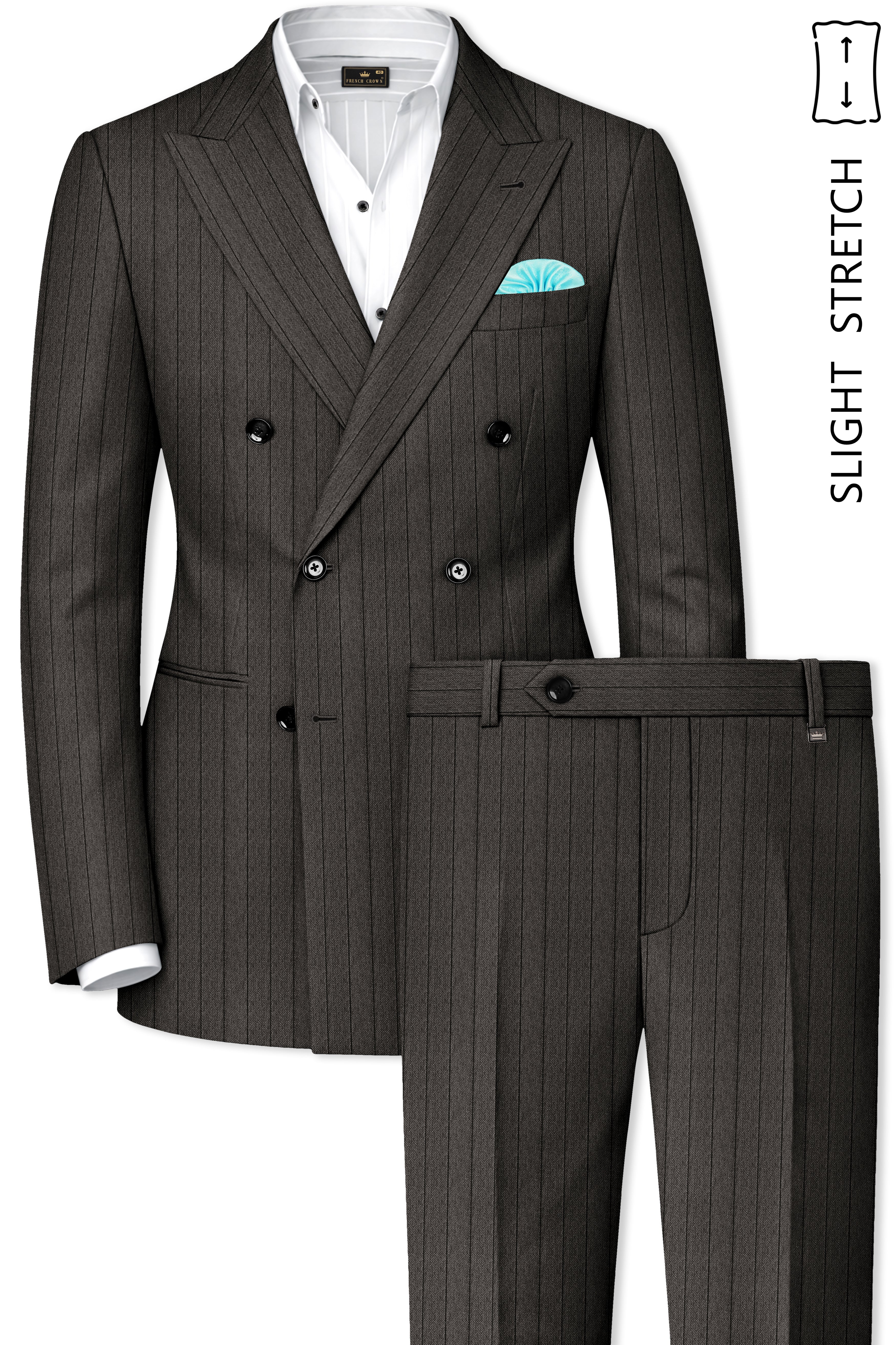 Heritage-Iridium Brown And Bright White Chalk Striped Wool Rich Slight Stretch Double Breasted Suit
