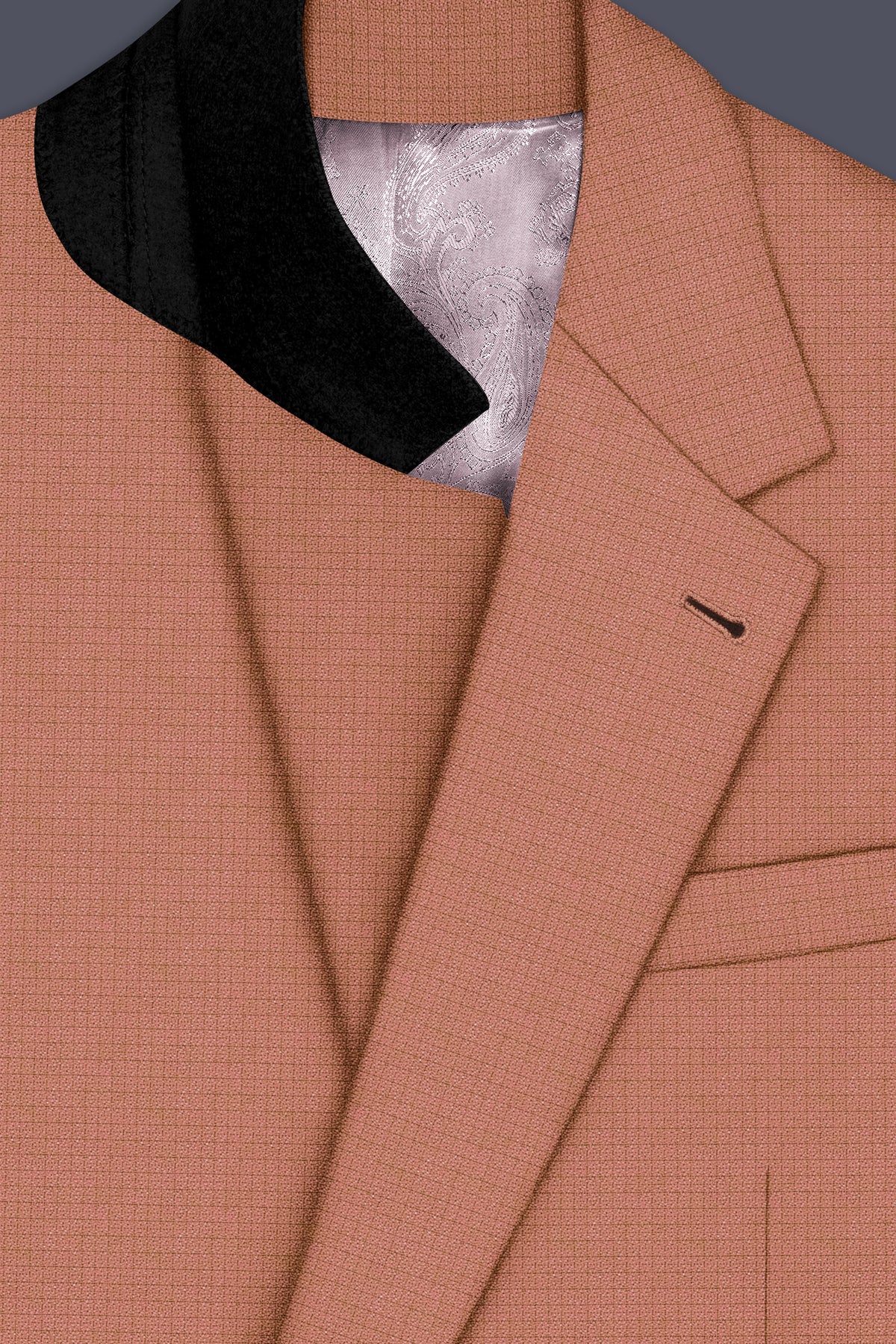 Terracotta-Salmon Brown Diamond Textured Wool Rich Slight Stretch Single Breasted Suit