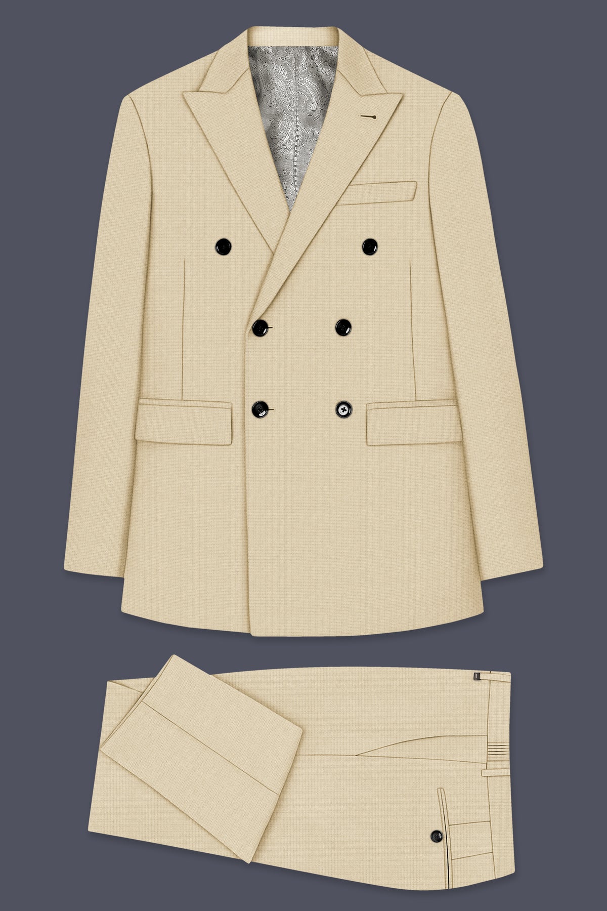 Alabaster-Vanilla Cream Diamond Textured Wool Rich Slight Stretch Double Breasted Suit