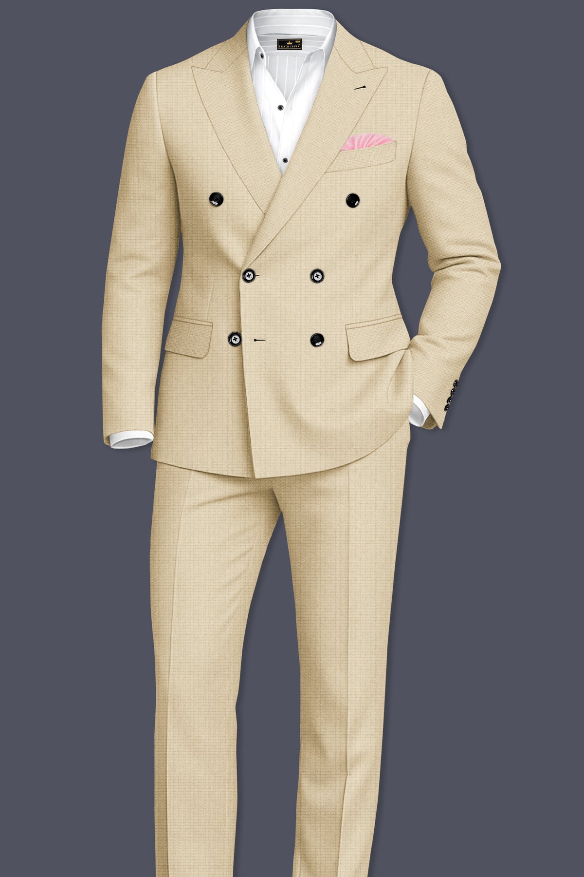 Alabaster-Vanilla Cream Diamond Textured Wool Rich Slight Stretch Double Breasted Suit
