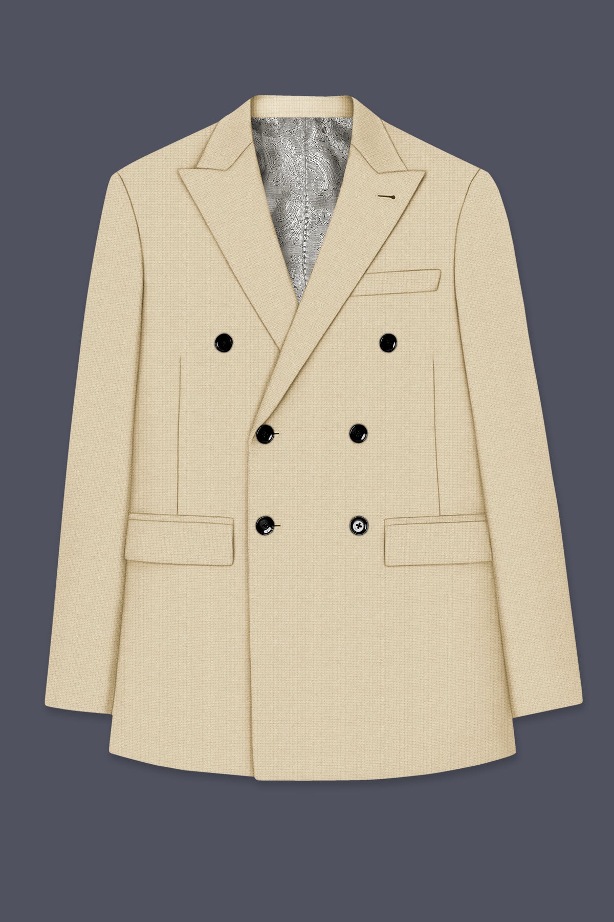 Alabaster-Vanilla Cream Diamond Textured Wool Rich Slight Stretch Double Breasted Suit
