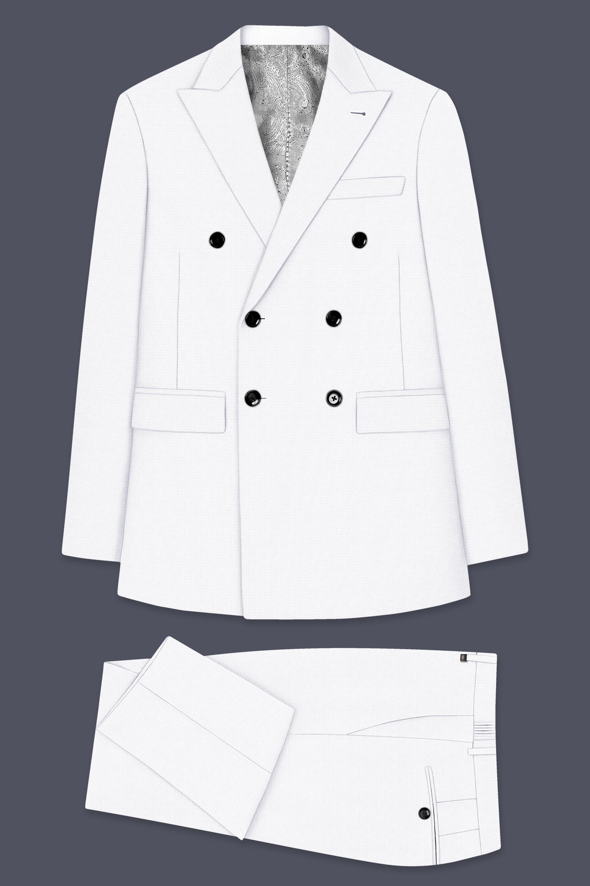 Porcelain-Bright White Diamond Textured Wool Rich Slight Stretch Double Breasted Suit
