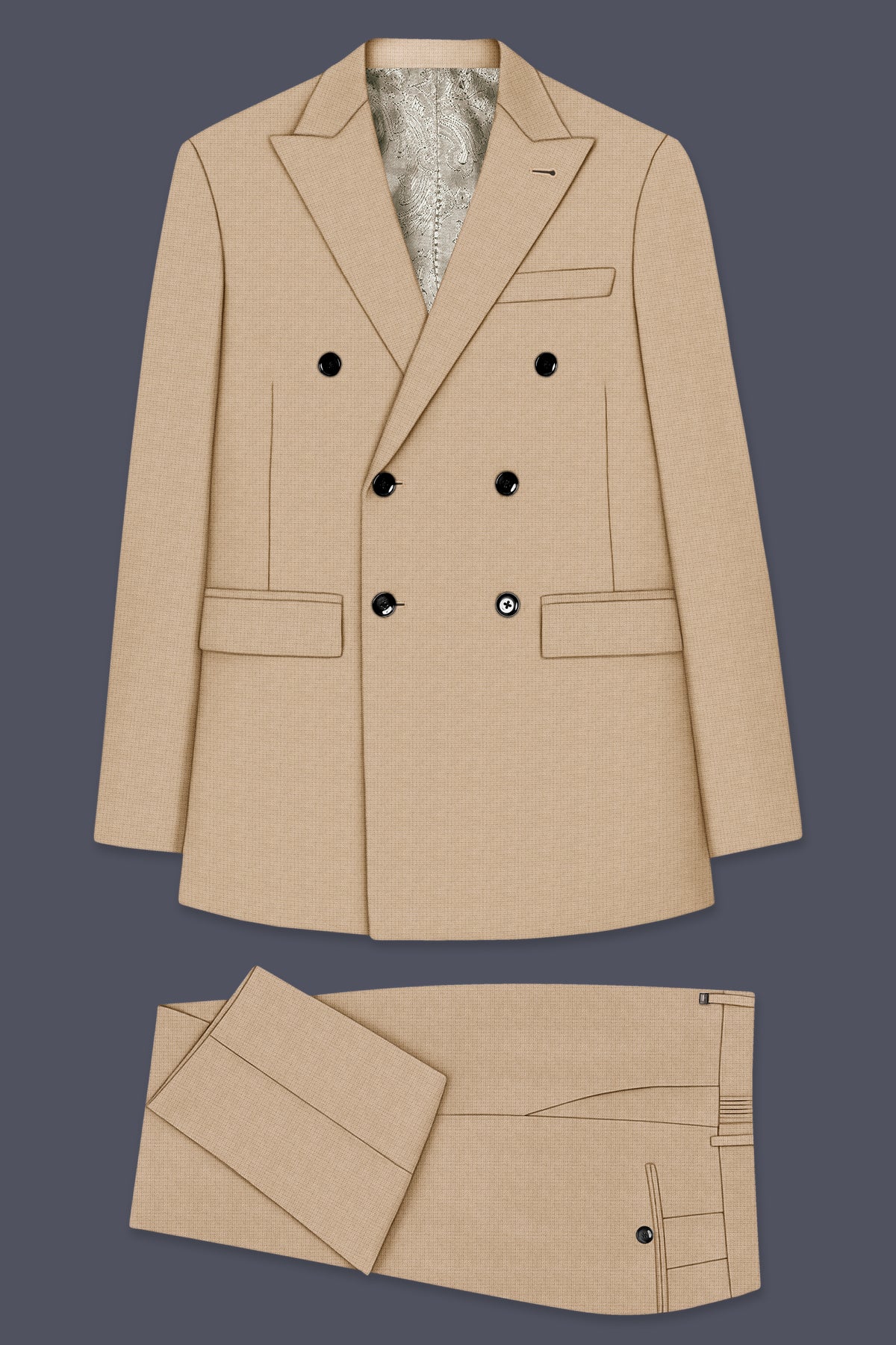 Mahogany-Pavlova Brown Diamond Textured Wool Rich Slight Stretch Double Breasted Suit