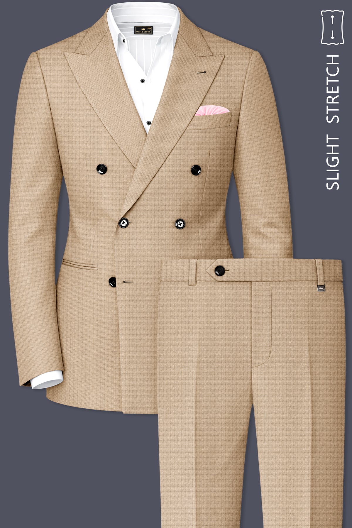 Mahogany-Pavlova Brown Diamond Textured Wool Rich Slight Stretch Double Breasted Suit