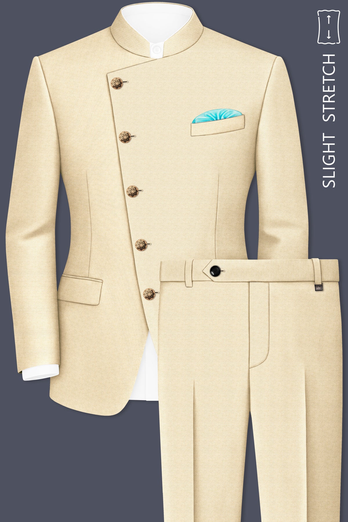 Alabaster-Vanilla Cream Diamond Textured Wool Rich Slight Stretch Cross Placket Bandhgala Suit