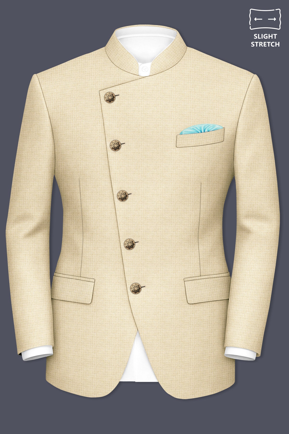 Alabaster-Vanilla Cream Diamond Textured Wool Rich Slight Stretch Cross Placket Bandhgala Suit