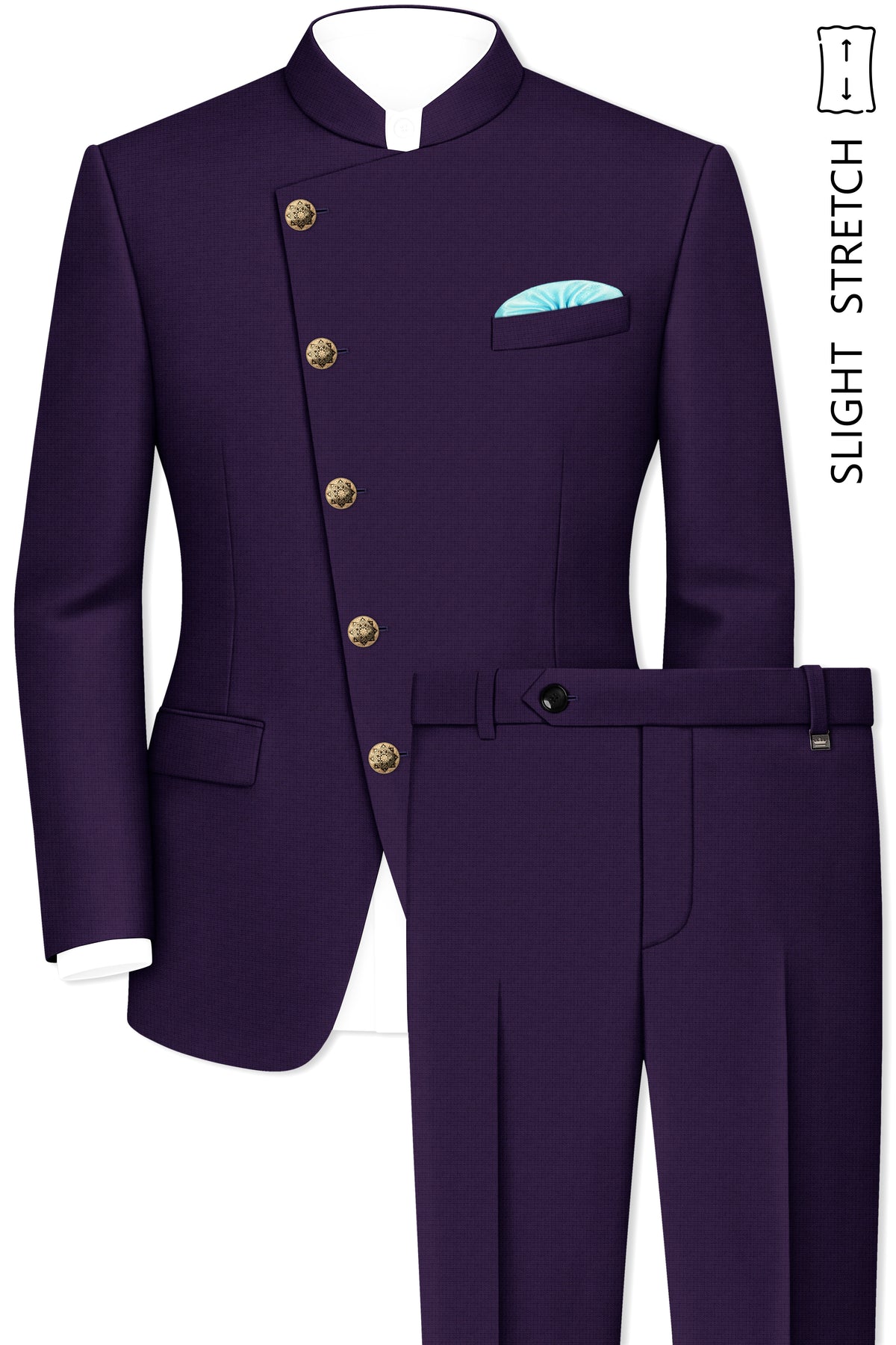 Mauve-Cedar Purple Diamond Textured Wool Rich Slight Stretch Cross Placket Bandhgala Suit