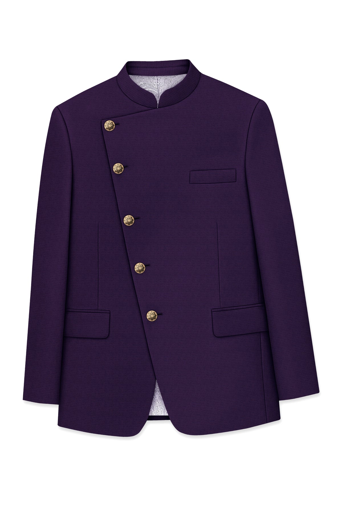 Mauve-Cedar Purple Diamond Textured Wool Rich Slight Stretch Cross Placket Bandhgala Suit