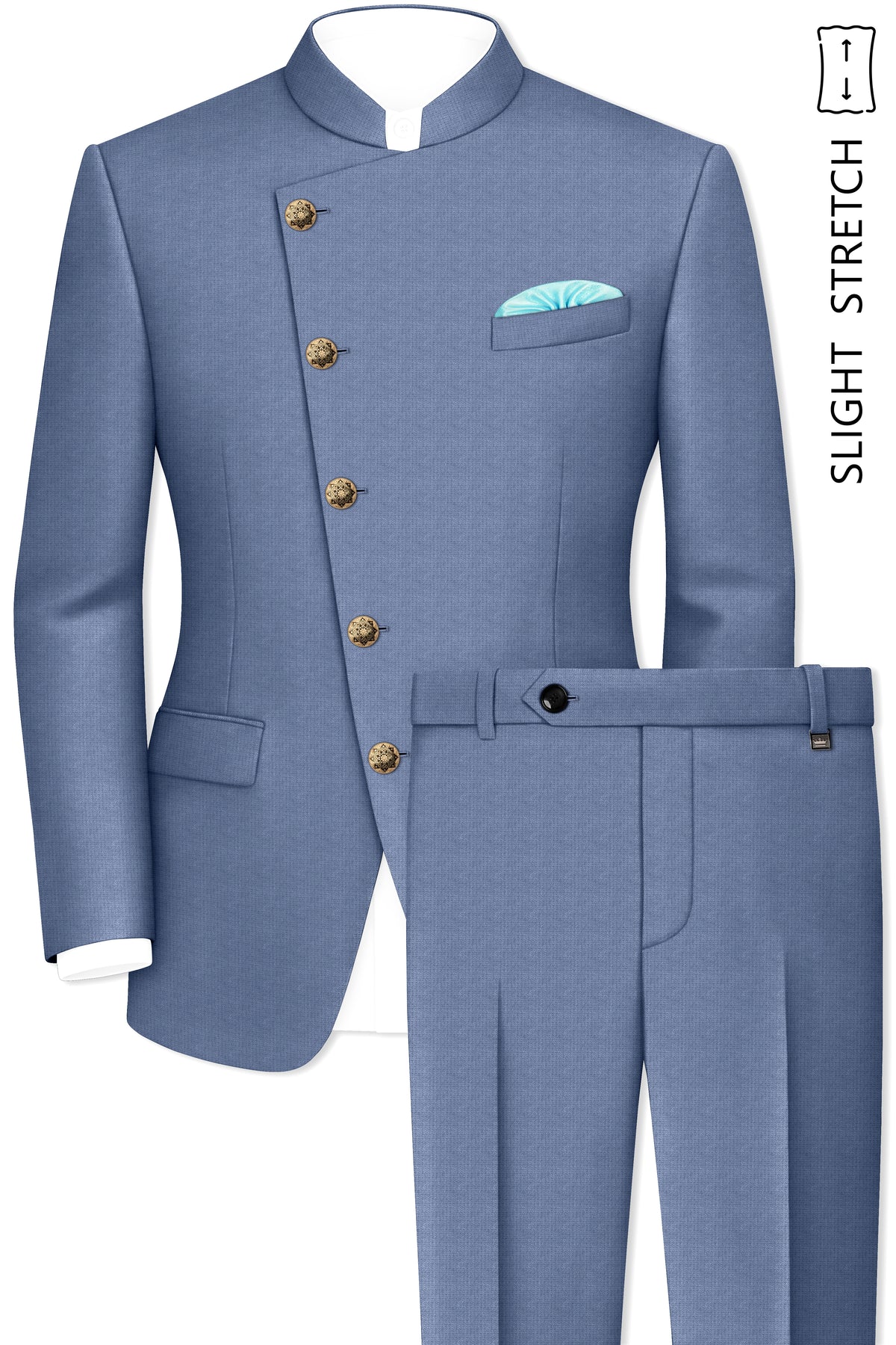 Sapphire-Raven Blue Diamond Textured Wool Rich Slight Stretch Cross Placket Bandhgala Suit