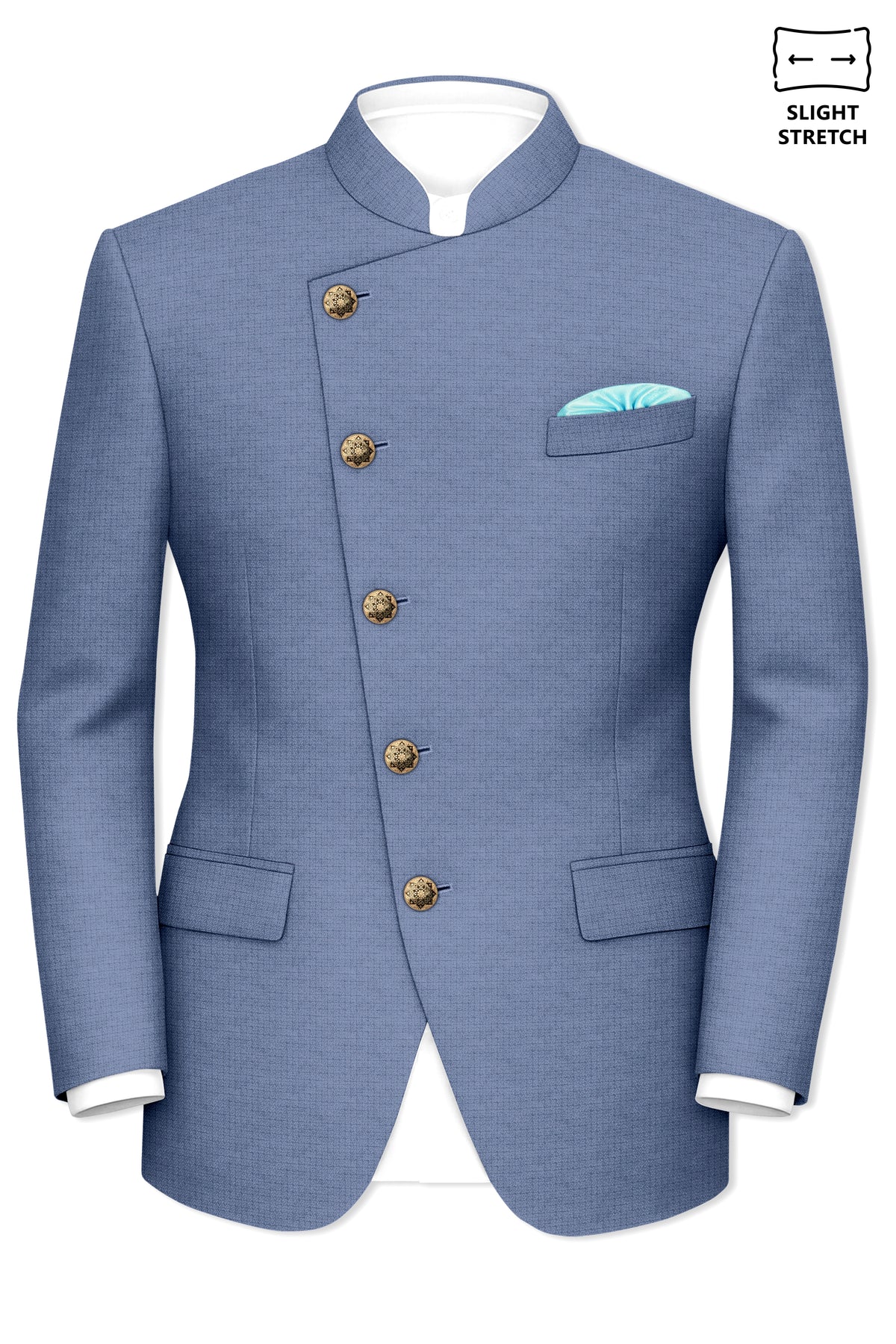 Sapphire-Raven Blue Diamond Textured Wool Rich Slight Stretch Cross Placket Bandhgala Suit