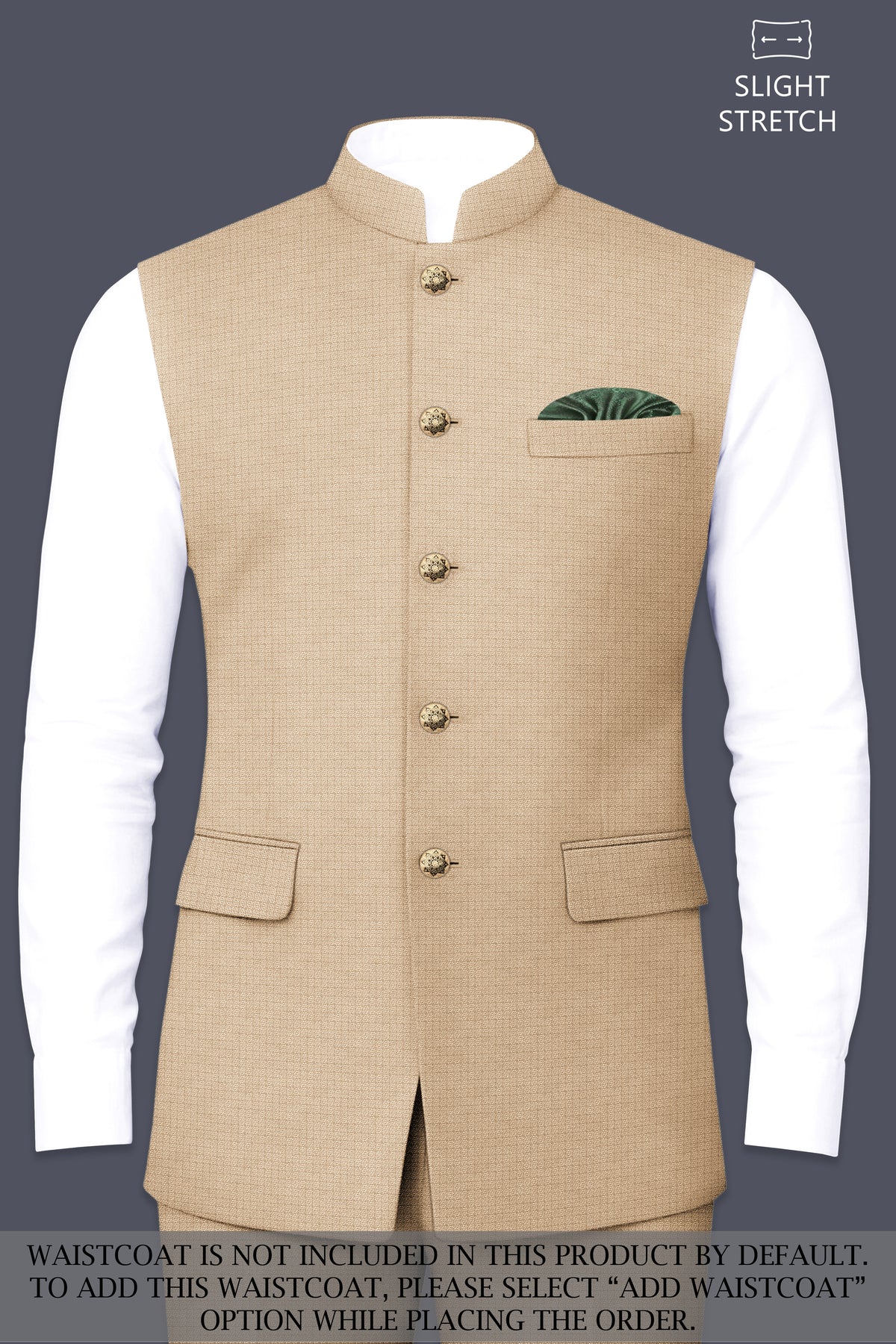 Mahogany-Pavlova Brown Diamond Textured Wool Rich Slight Stretch Cross Placket Bandhgala Suit