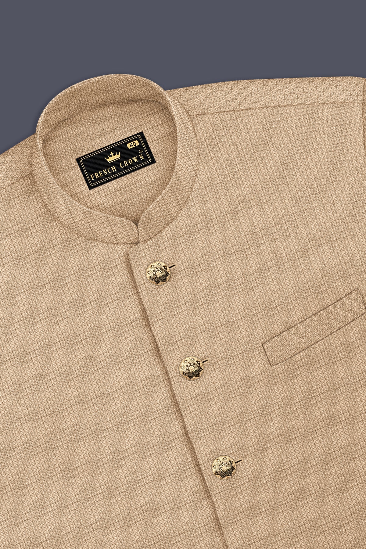 Mahogany-Pavlova Brown Diamond Textured Wool Rich Slight Stretch Cross Placket Bandhgala Suit